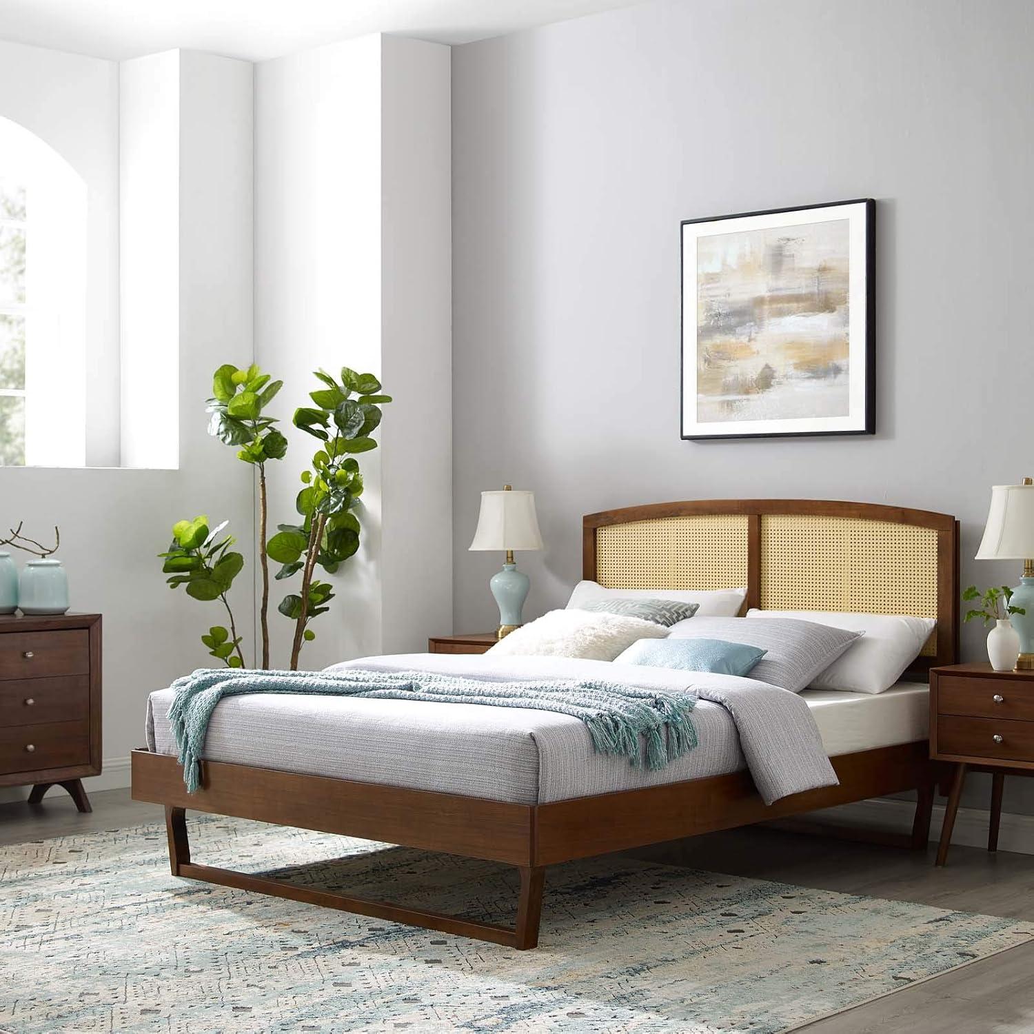 Billie Halcyon Queen Platform Bed with Woven Cane Headboard - Walnut