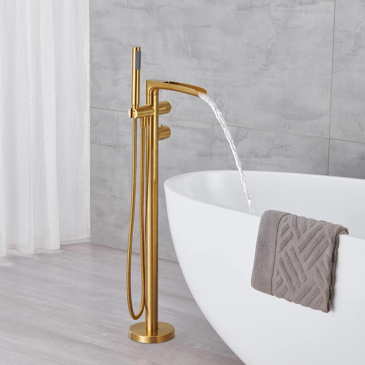 MOGFCT Waterfall Freestanding Bathtub Faucet Set Single Handle Floor Mount Tub Filler with Hand Shower ,Matte Black