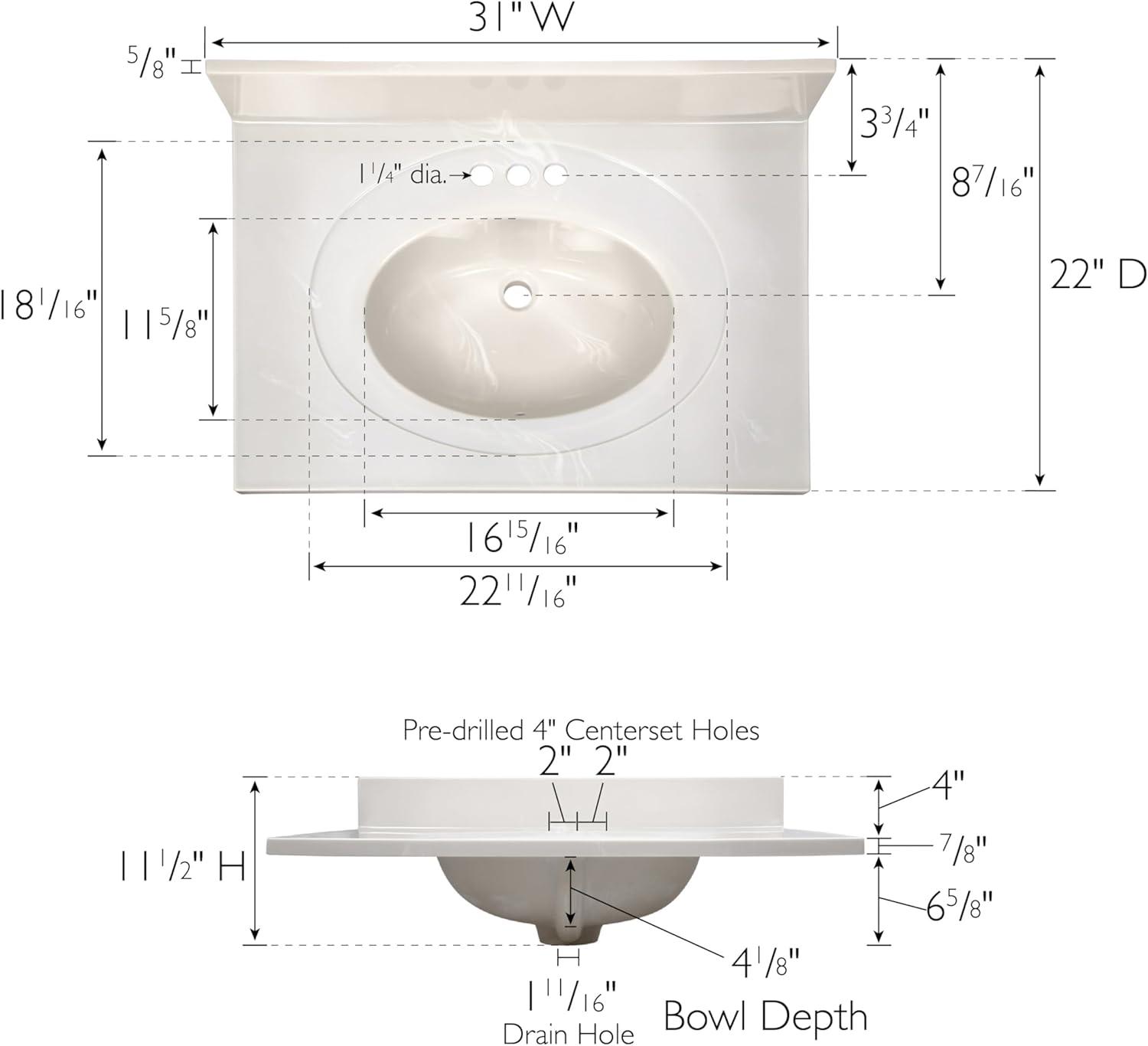 Cultured Marble Vanity Top – 31-Inch Single Bowl Sink 4-Inch Centerset with Integrated Backsplash – Reinforced Packaging – Ivory Swirl, Design House, 586321