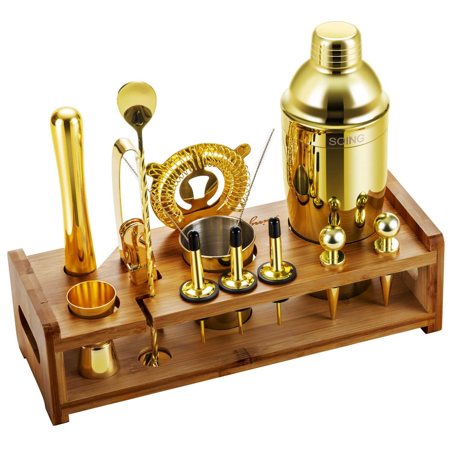 Soing Gold 24-Piece Cocktail Shaker Set,Perfect Home Bartending Kit for Drink Mixing,Stainless Steel Bar Tools with Stand,Velvet Carry Bag & Recipes Included