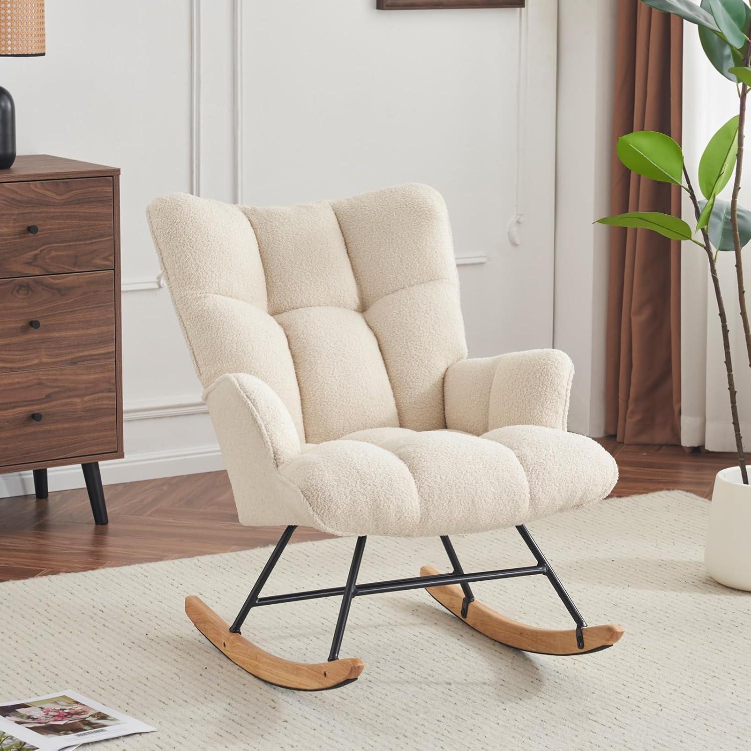 Nursery Rocking Chair Teddy, Upholstered Glider Rocker with High Backrest, Comfortable Stylish Accent Armchair with Padded Seat for Living Rooms, Bedrooms, Offices