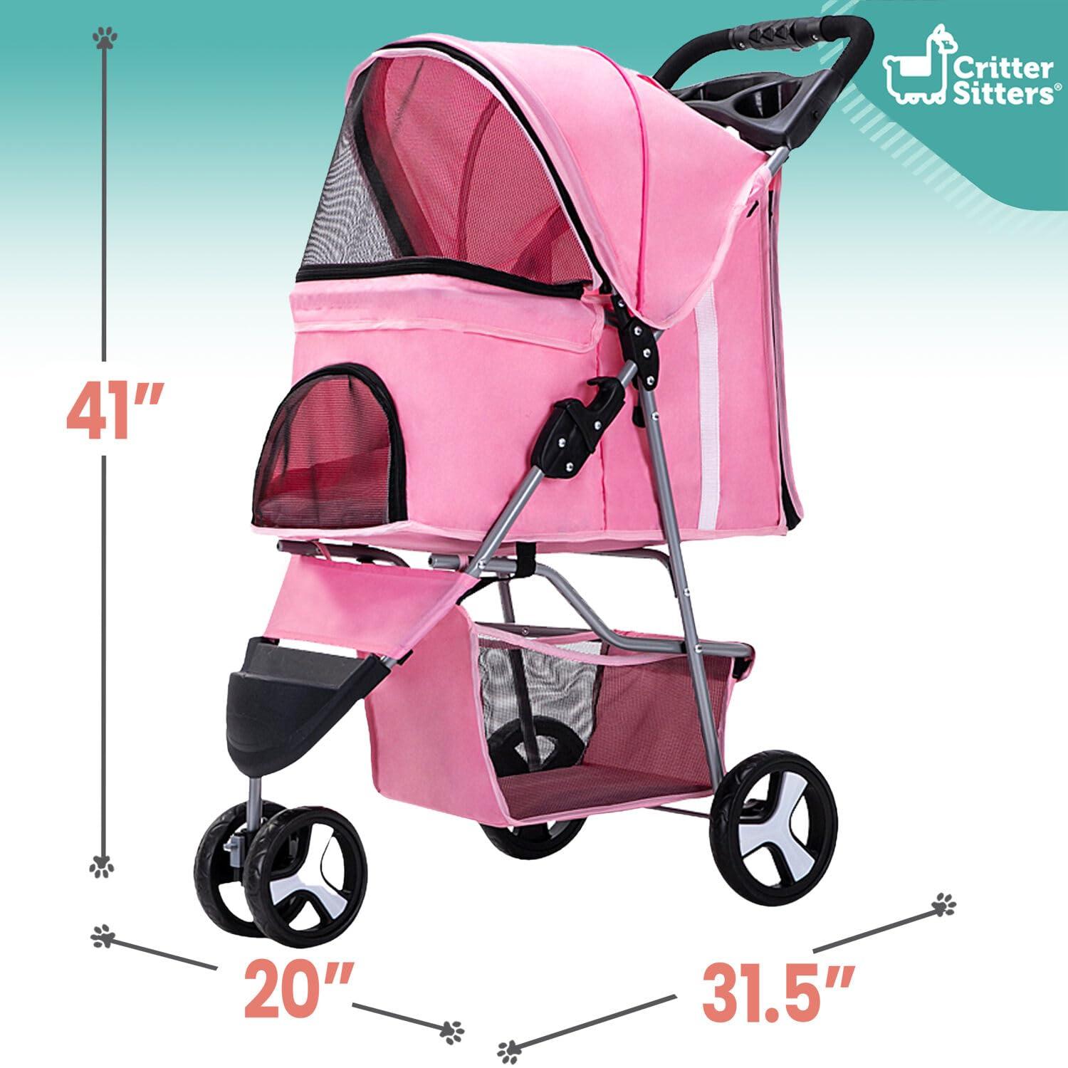 Pink 3-Wheel Jogging Pet Stroller with Storage Basket