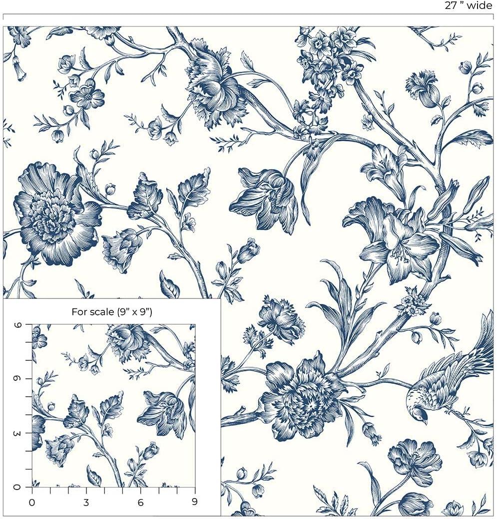NextWall Navy Blue Jasmine Chinoiserie Peel and Stick Wallpaper