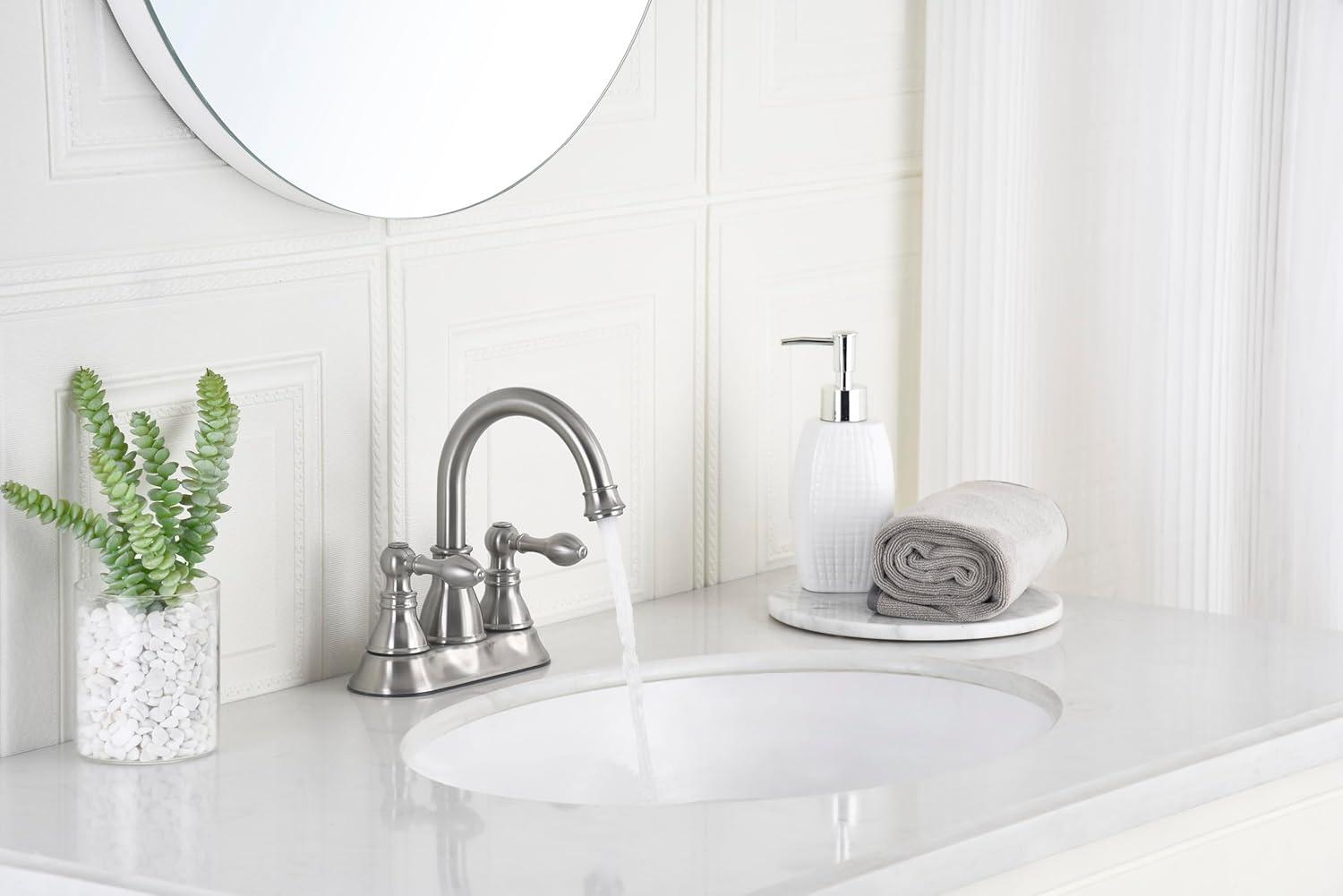 Two Handles Brushed Nickel Bathroom Faucet 3 Hole Sink Faucet with Overflow Pop up Drain, 360° Swivel Spout 4 Inch Centerset Lavatory Faucet Without Water Supply Lines,F-4501-BN