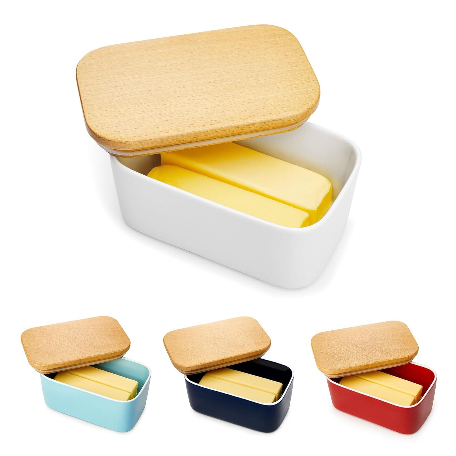 [new and improved] sweese 3151 large butter dish - airtight butter keeper holds up to 2 sticks of butter - porcelain container with beech