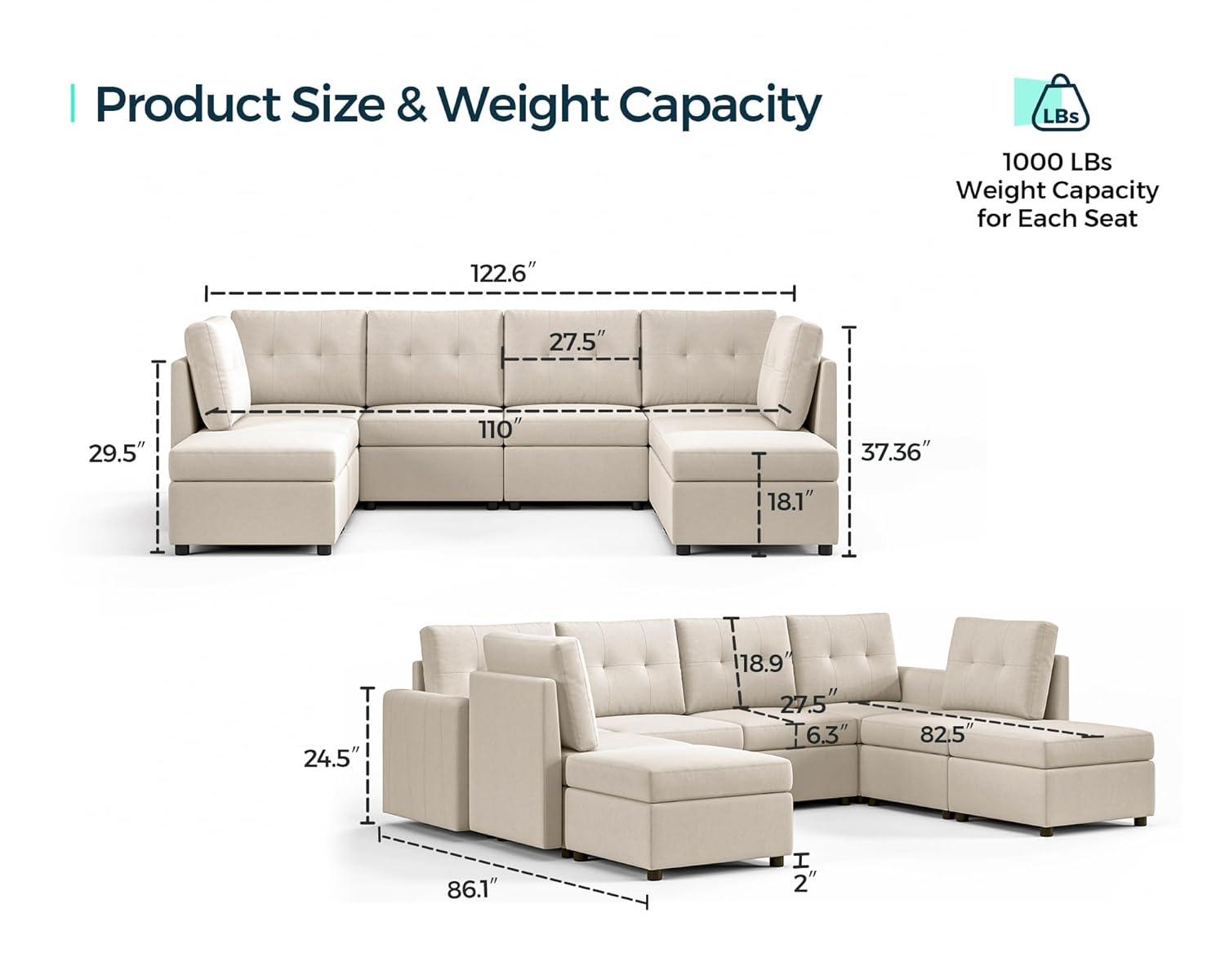 LINSY HOME Oversized Modular Cloud Sectional Sofa, RUBIK III 7 Seat Storage Couches and Sofas, Sectional Couches for Living Room with Reversible Chaises, Light Gray