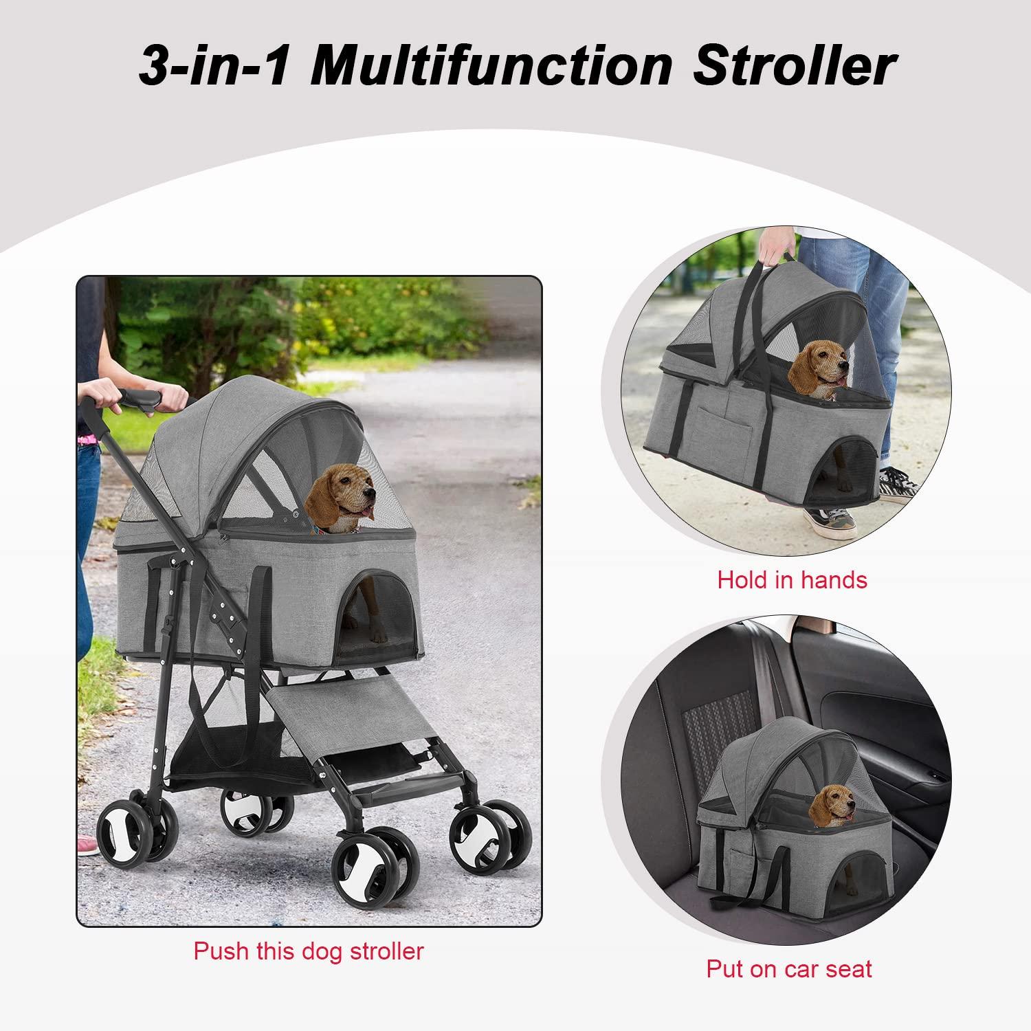 Gray Multifunction Pet Stroller with Detachable Carrier