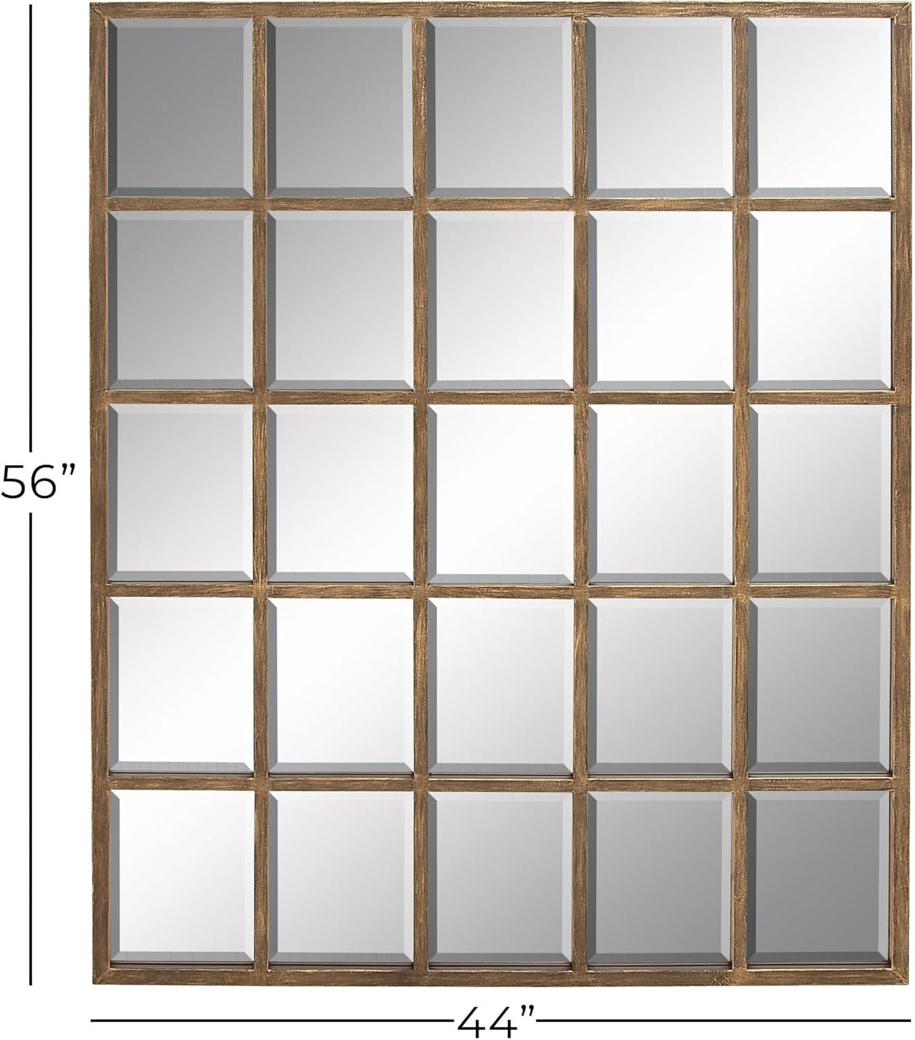 DecMode Contemporary Squre Wood Window Shaped Wall Mirror, 56"W x 44"H with Distressed Brass Colored Frame