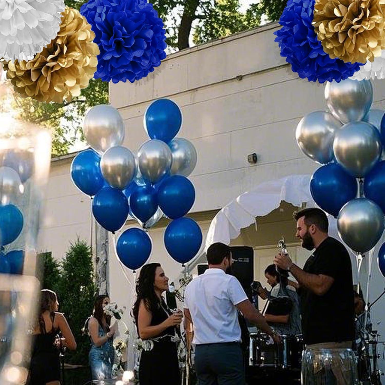 AIM & GGKK Paper Pom Poms Gold Gradient Navy Blue and White Tissue Hanging Paper Pom Poms,Flower Ball Wedding Birthday Party Decoration(12pcs)