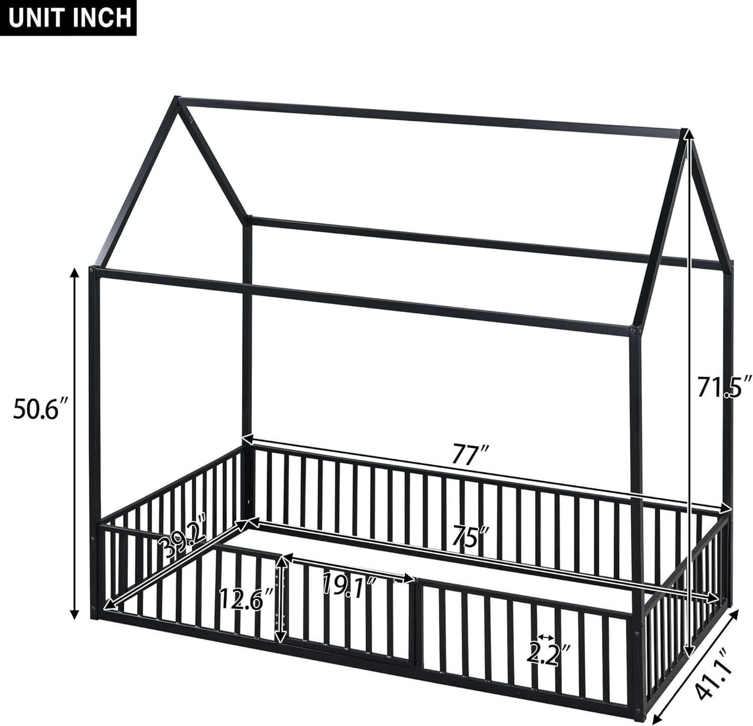 Twin Floor Bed with Door and Fence, Metal Montessori Bed Twin Size, Kids Montessori Floor Bed with Roof/House for Kids, Girls, Boys, Black