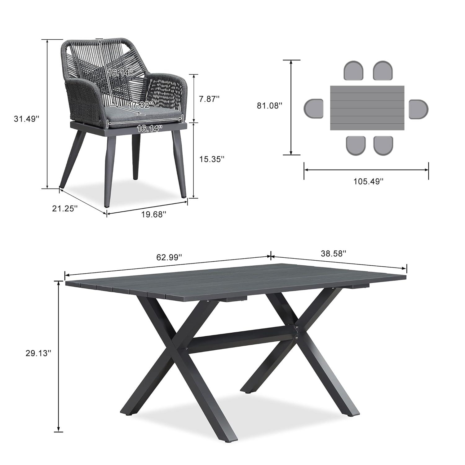 PURPLE LEAF 7 Pieces Outdoor Dining Set All-Weather PE Rattan Outdoor Patio Furniture Set with All Aluminum Frame Rectangular Table and Chairs Set for Lawn Garden Backyard Deck, Grey