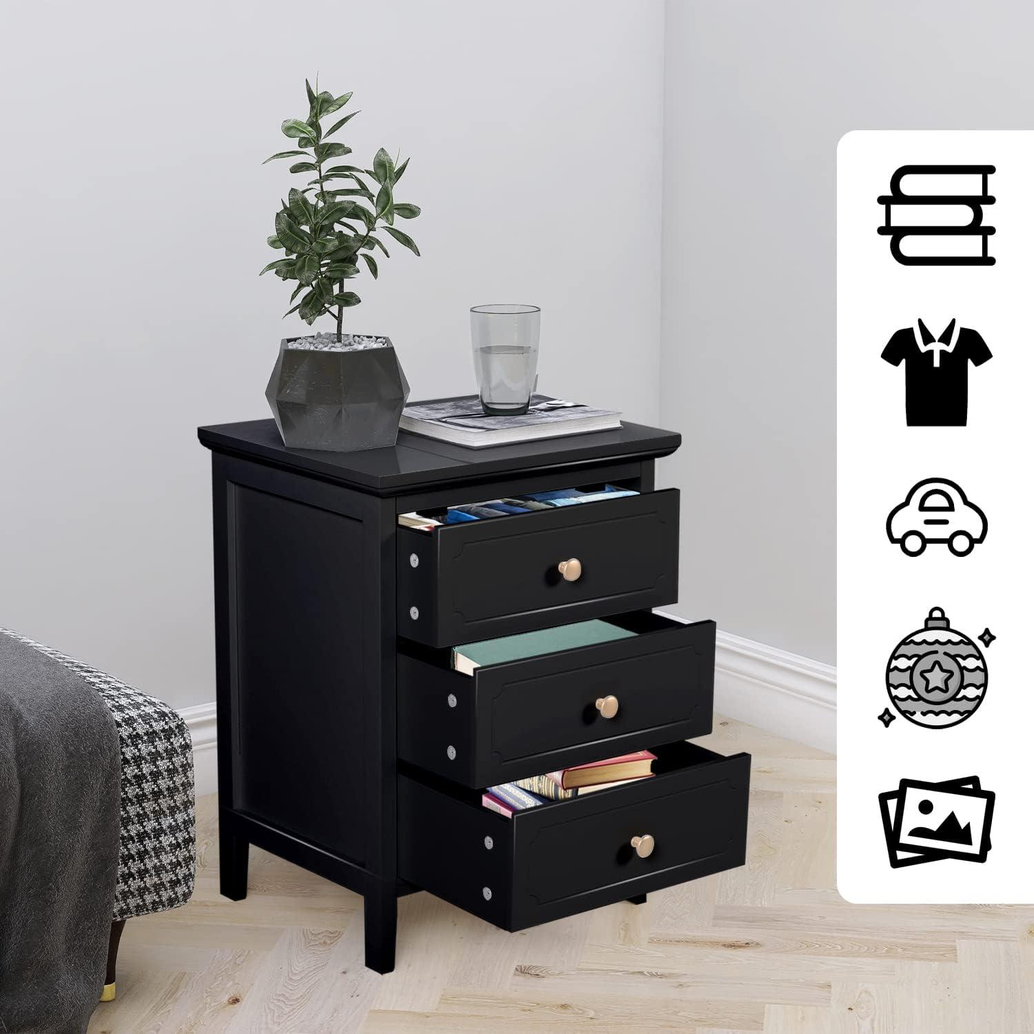 3 Drawer Nightstand Black Large Night Stands with Drawer 19 Inch Modern Bedside Table for Bedrooms Wooden