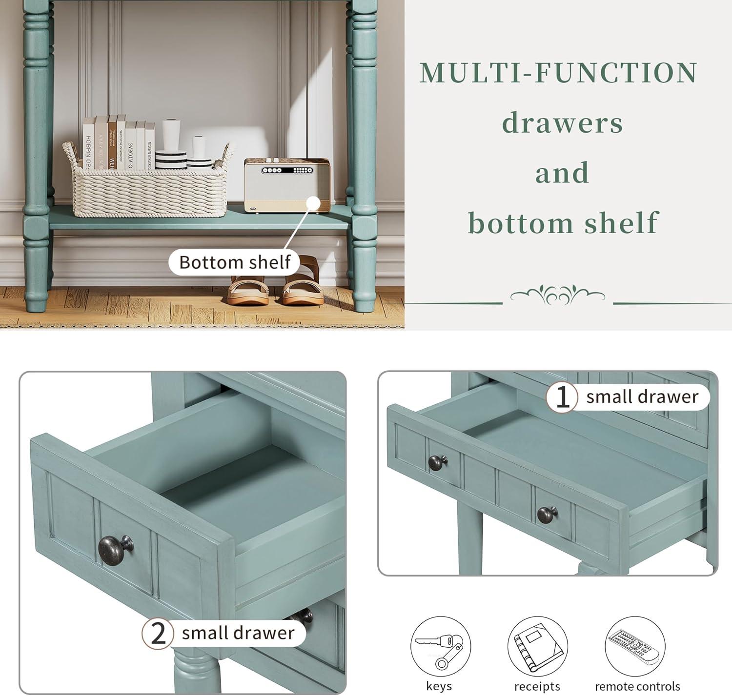 Churanty Narrow Console Table with Storage Drawers and Bottom Shelf for Entryway Living Room, Retro Console Table for Small Space, Light Blue