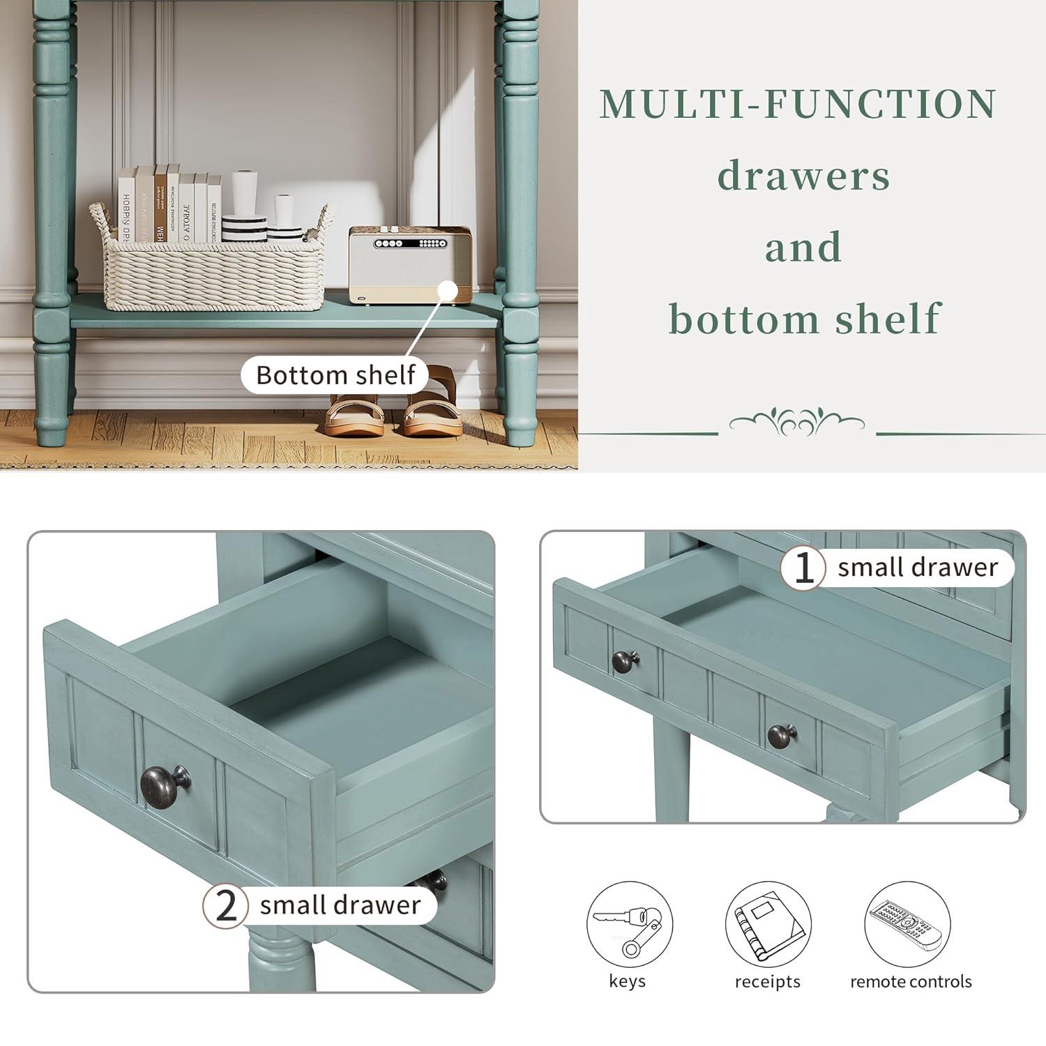 Churanty Narrow Console Table with Storage Drawers and Bottom Shelf for Entryway Living Room, Retro Console Table for Small Space, Light Blue