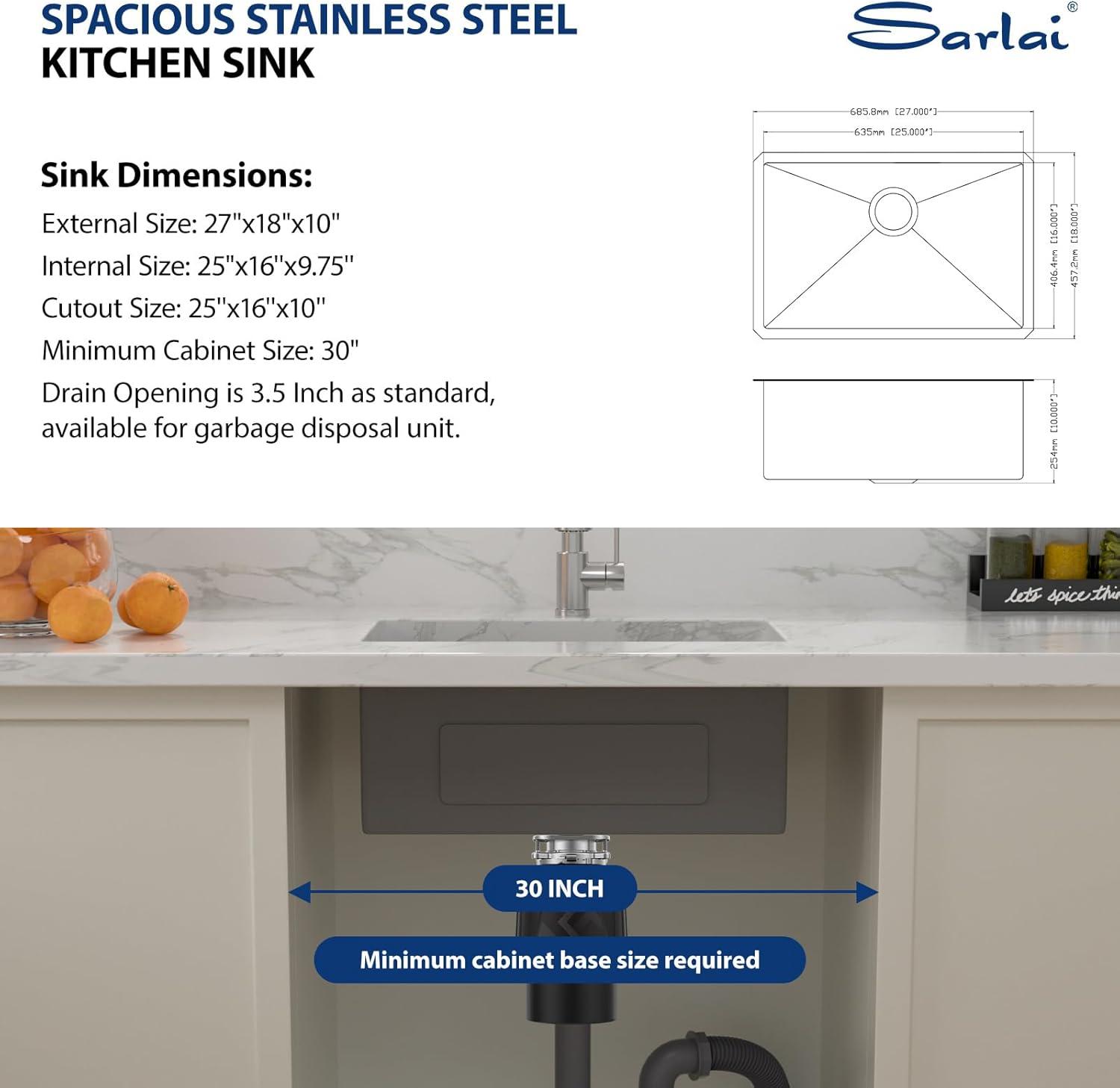 Sarlai 27 Undermount Kitchen Sink - 27 x 18 Kitchen Sink Undermount Single Bowl 16 Gauge Stainless Steel Under Counter Kitchen Sinks Round Corner Basin