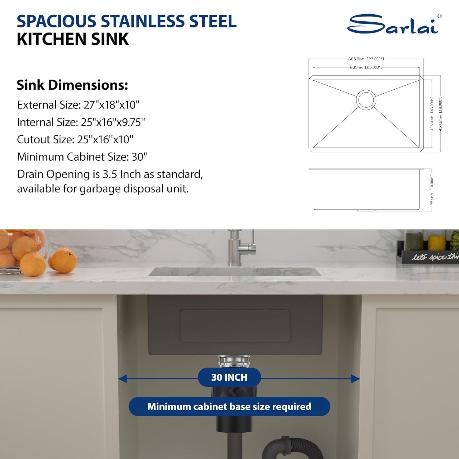 Sarlai 27 Undermount Kitchen Sink - 27 x 18 Kitchen Sink Undermount Single Bowl 16 Gauge Stainless Steel Under Counter Kitchen Sinks Round Corner Basin