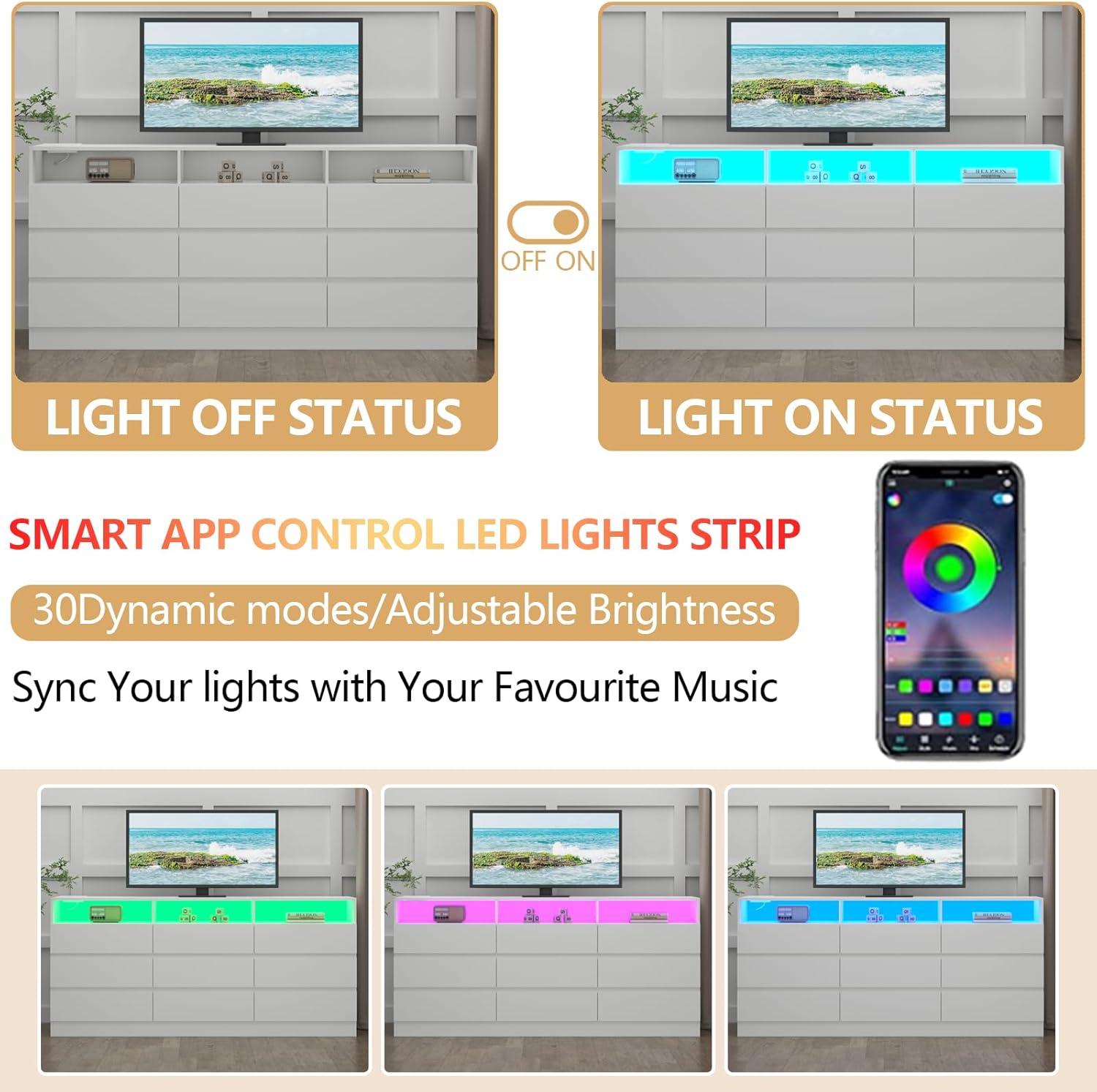 Modern White Double Dresser with LED Lights and Charging Station