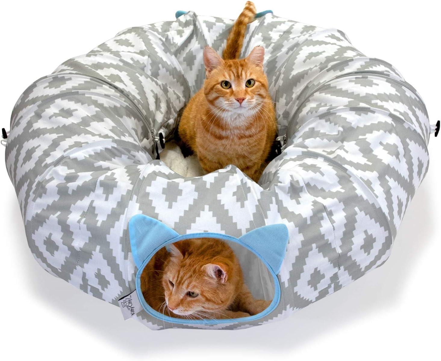 Large Gray and White Polyester Round Cat Tunnel Bed