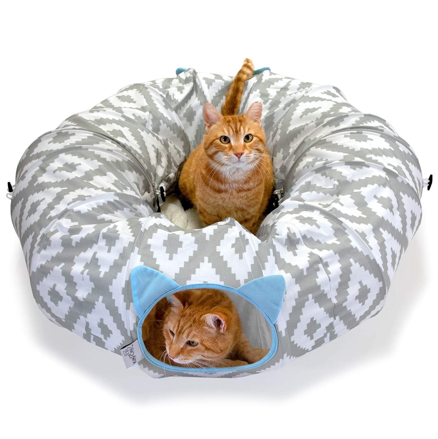 Large Gray and White Polyester Round Cat Tunnel Bed