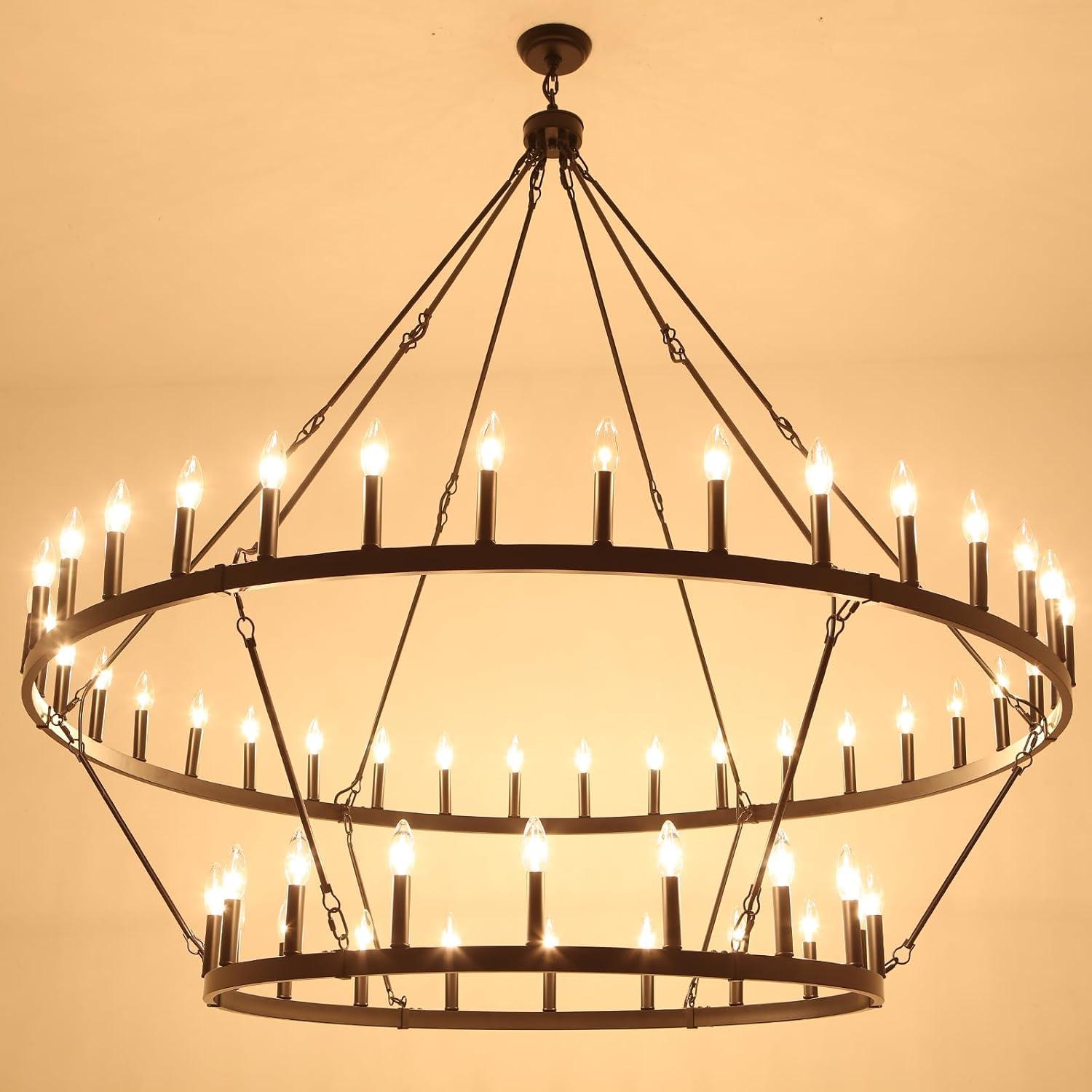 60-Inch Black Metal 2-Tier Wagon Wheel Chandelier with 54 Candle Lights