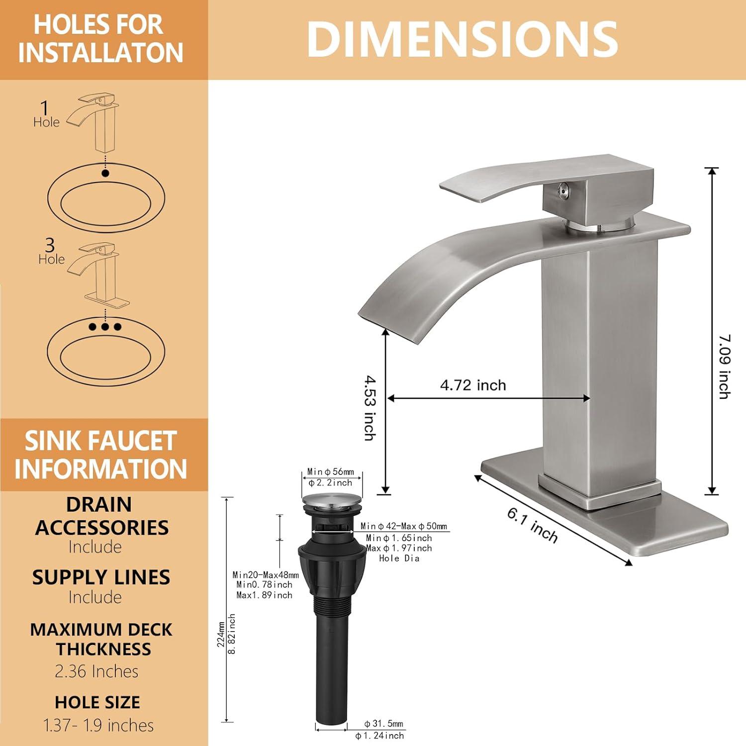 Brushed Nickel Square Waterfall Bathroom Faucet with Deck Plate