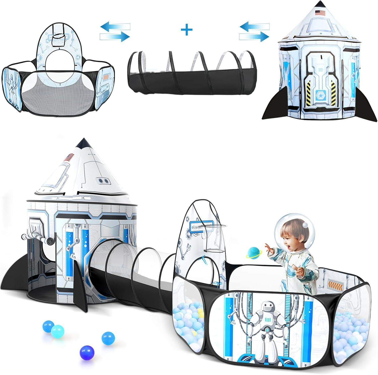 Rocket Ship Kids Play Tent: 3Pcs Toddlers Pop Up Ball Pit and Play Tunnel for Indoor Outdoor, Spaceship Baby Playhouse Toys for 1-3 Year Old Boys Girls (3 in 1 Kids Tent)