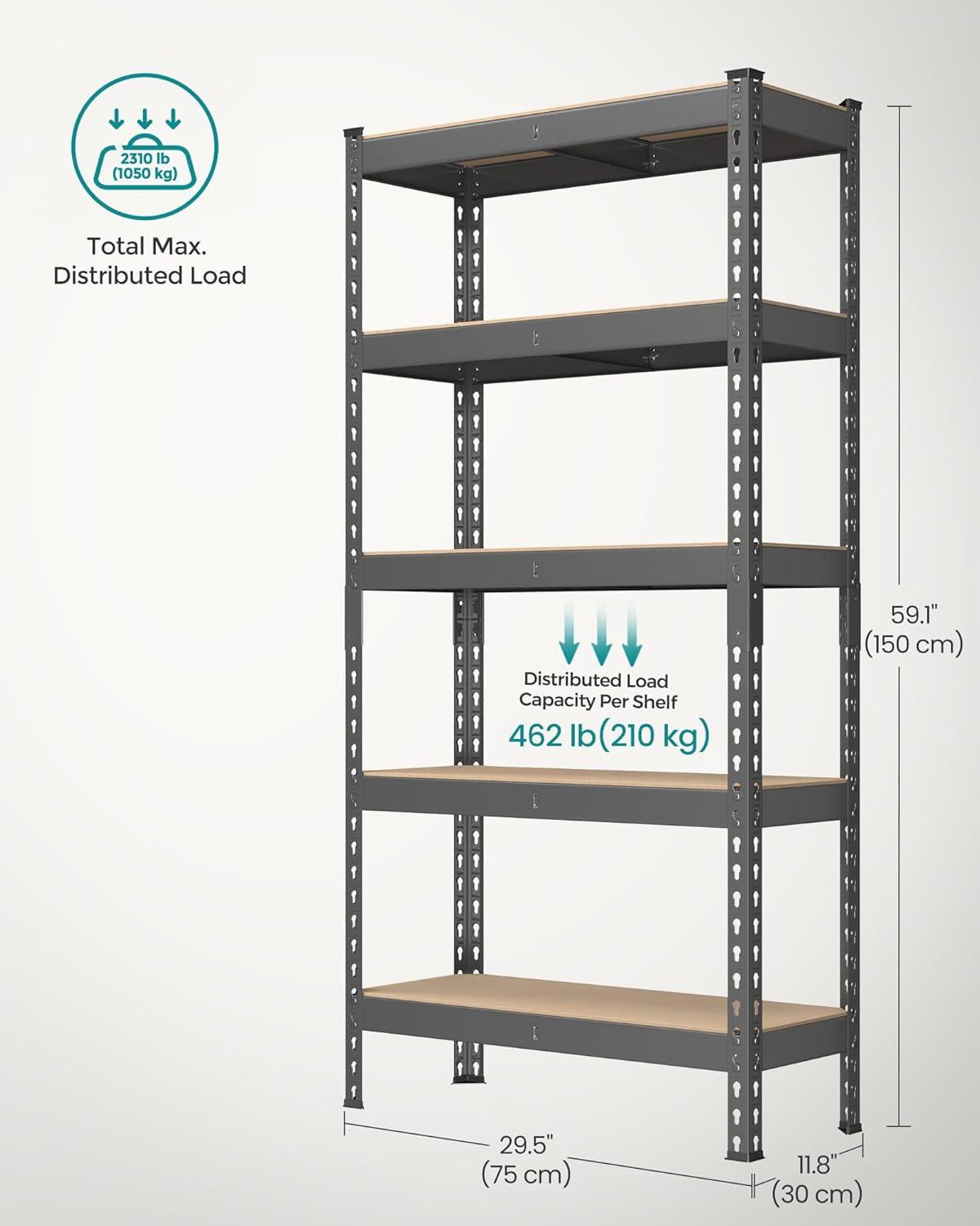 5-Tier Storage Shelves Metal Garage Storage Boltless Assembly Adjustable Shelving Unit 11.8 x 29.5 x 59.1 Inches Load 1929 lb for Shed Warehouse Basement Kitchen Gray