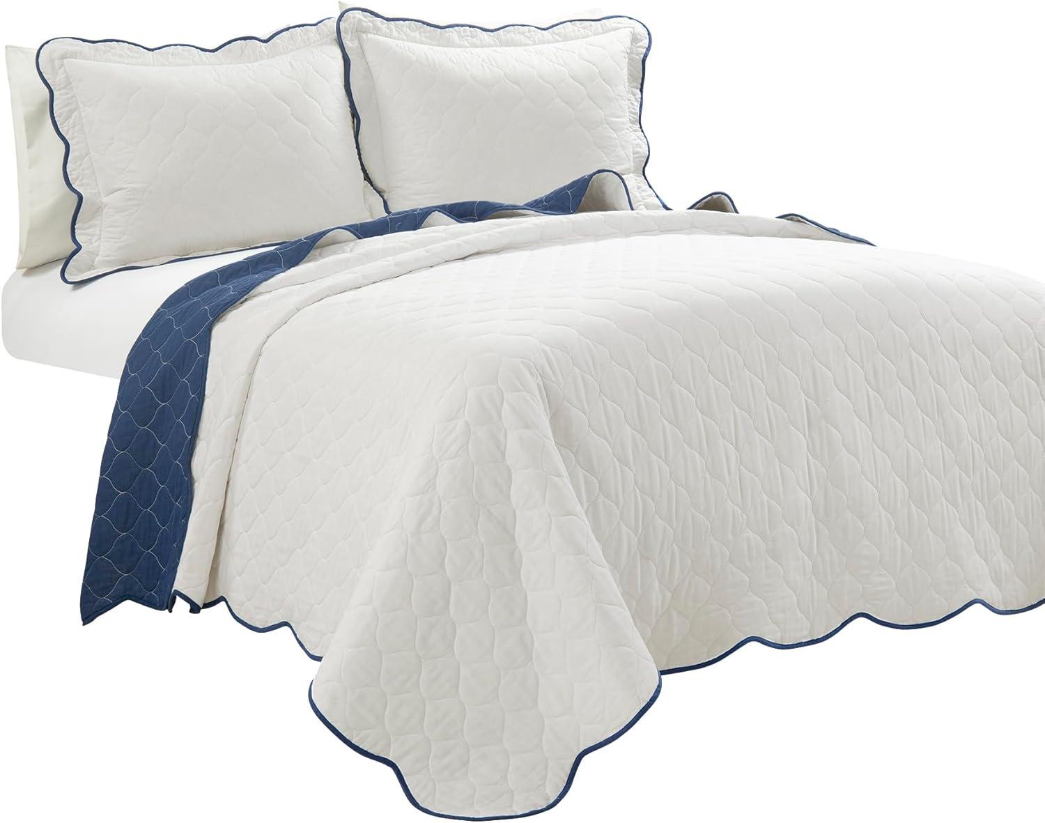 3pc King California King Coastal Chic Scallop Edge Reversible Quilt Set Navy Blue/White - Lush Décor: Lightweight Bedding Quilts