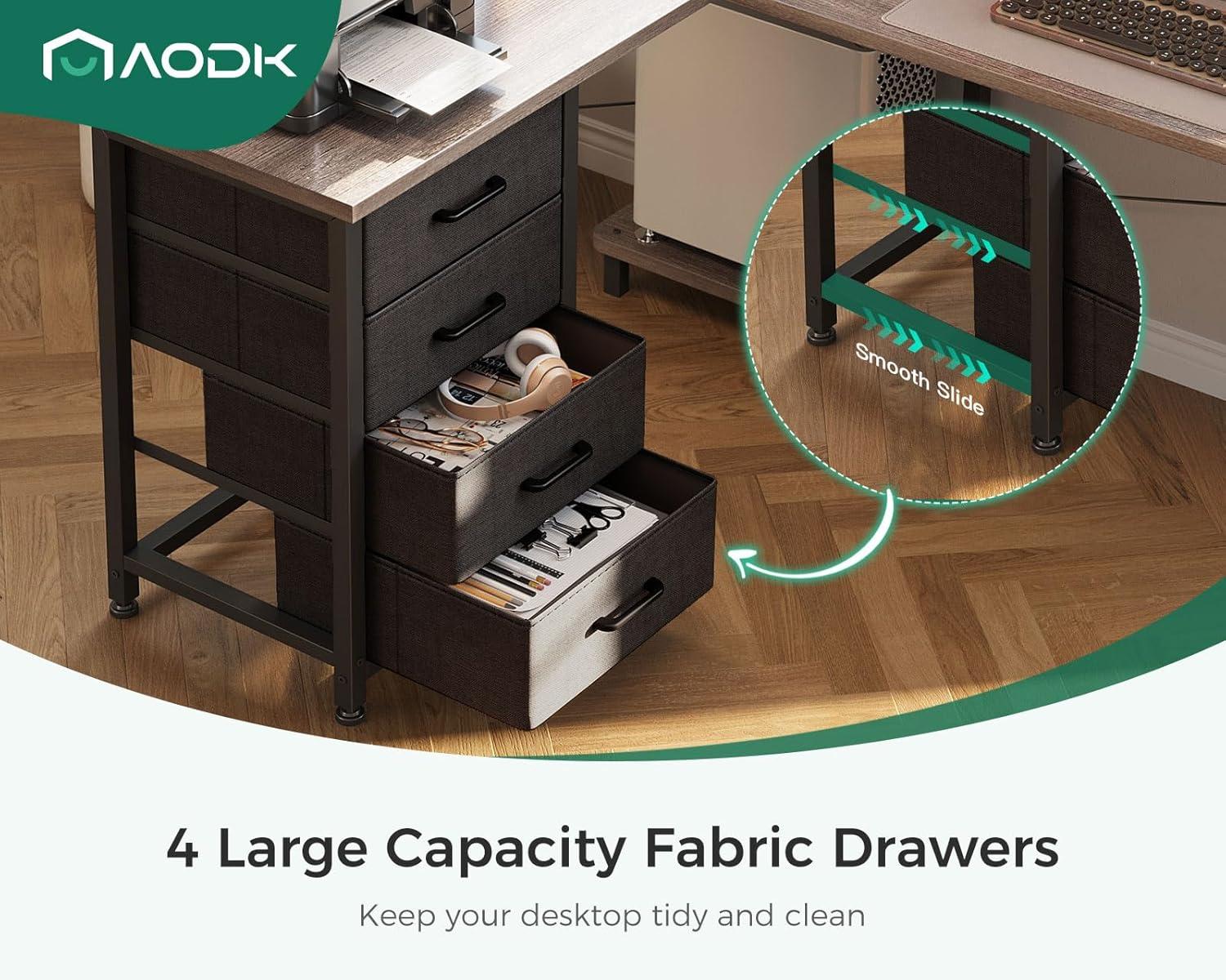 AODK L Shaped Desk with 4 Tier Drawers, 53" Reversible Gaming Desk with Power Outlets, L Shaped Computer Desk with USB Charging Port and Host Stand, Home Office Corner Desk, Easy to Assemble, Grey Oak