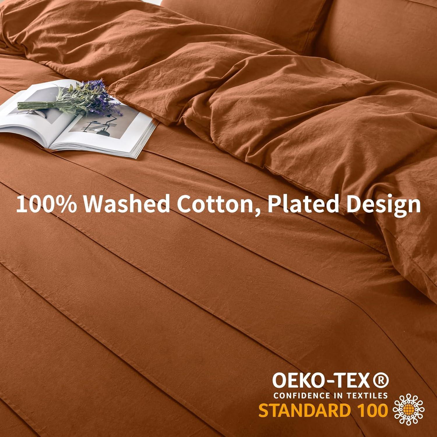 NEXHOME PRO Duvet Cover Set 100% Washed Cotton Oversized Queen 98"x98", Organic Natural Linen Look Textured 3 Pieces Bedding Set Apricot Yellow with Zipper Closure, Breathable, Soft (No Comforter)