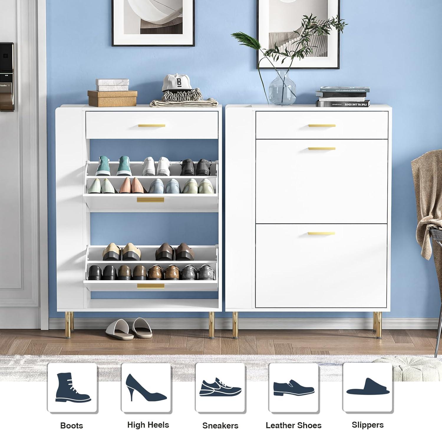 White Engineered Wood Freestanding Shoe Cabinet with Flip Drawers