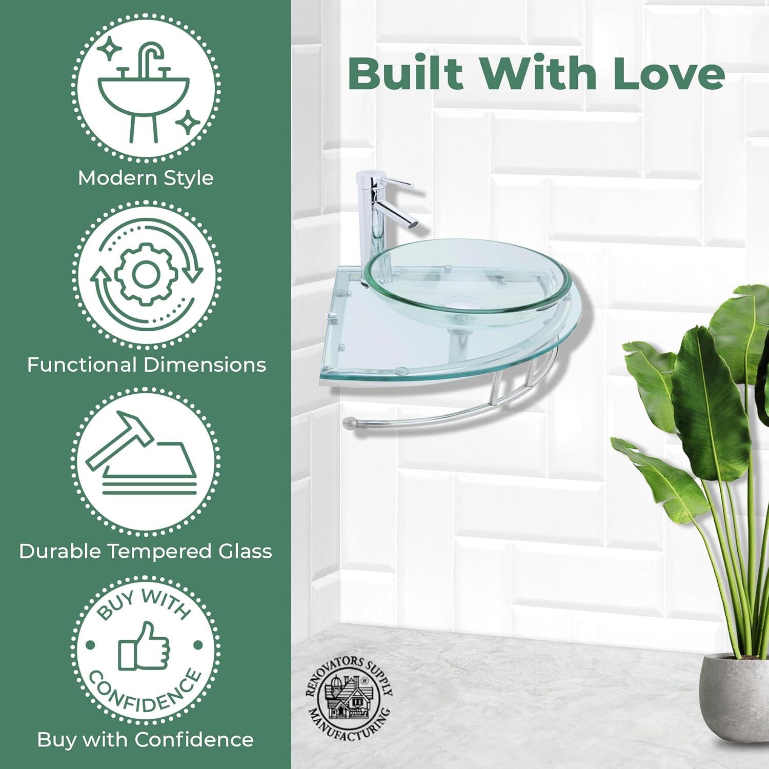 The Renovators Supply Inc. 10889 Round Corner Glass Wall Mount Bathroom Vessel Sink with Chrome Faucet Towel Bar