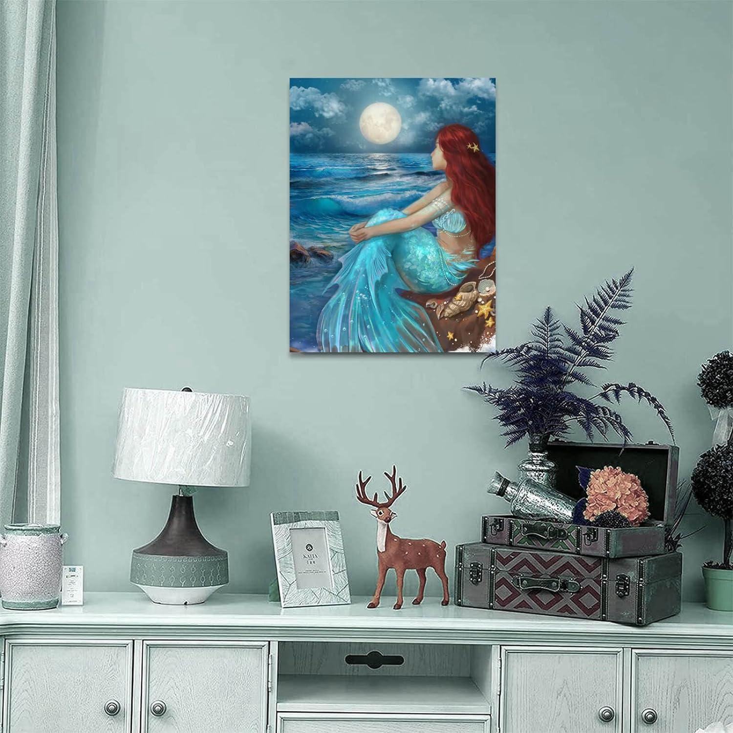 Mermaid Under Moonlight Blue Ocean Canvas Print