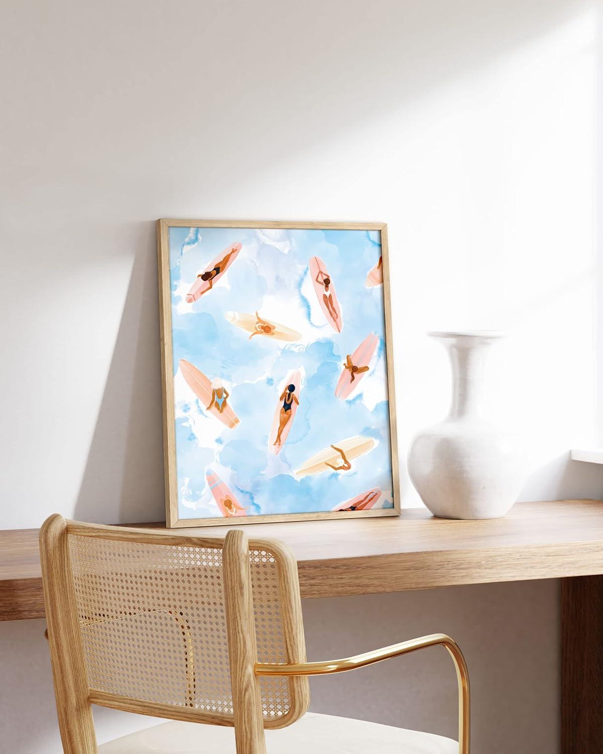 HAUS AND HUES Beach Art - Surfer girl poster with beach-themed prints, capturing the essence of seaside adventure in watercolor art (Unframed, 16x20)