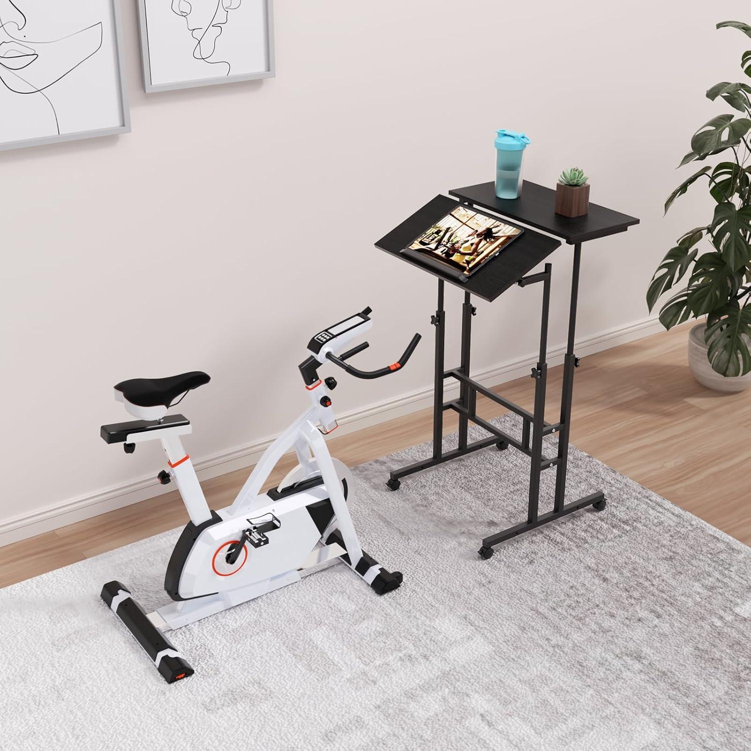 Inbox Zero Oziel Mobile Computer Desk, Adjustable Height Laptop Standing Desk with Tilting Tabletop and Monitor Shelf