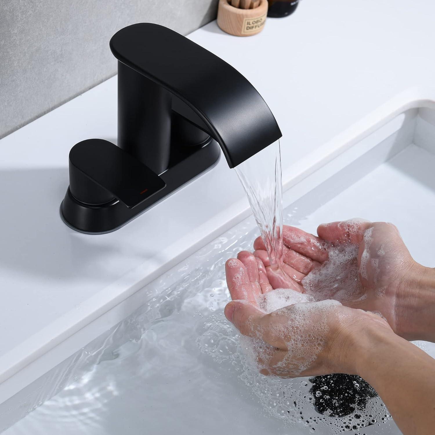 Waterfall Bathroom Sink Faucet Matte Black, Two Handles Bathroom Faucet with Metal Pop up Sink Drain Stopper, 2 or 3 Holes Bathroom Basin Lavatory Mixer Tap with Deck Mount Plate