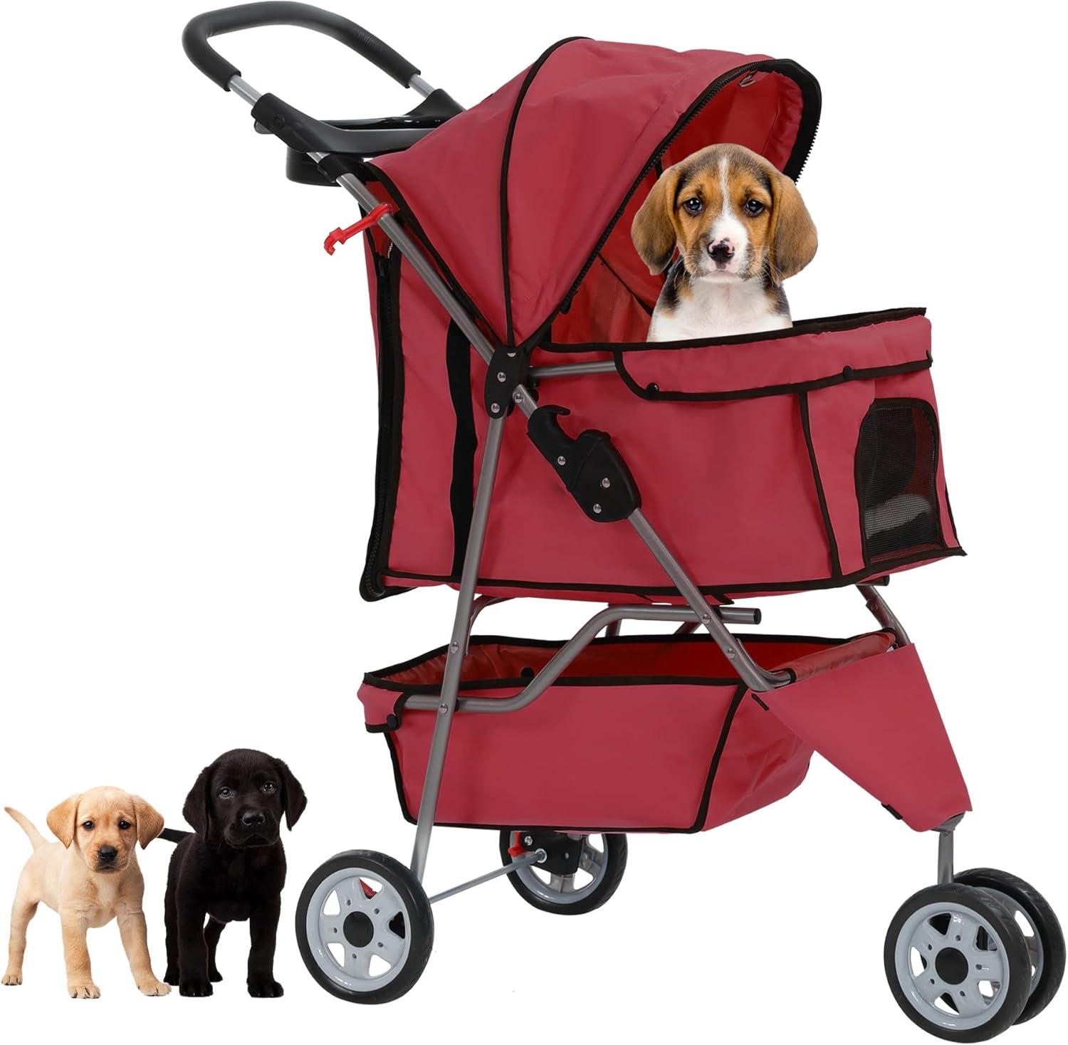 ToccoLeggero Pet Stroller Foldable Dog Stroller 3-Wheel Durable Cat Jogger Stroller For Small And Medium Dogs Cats With Washable Liner Storage Basket Cup Holder