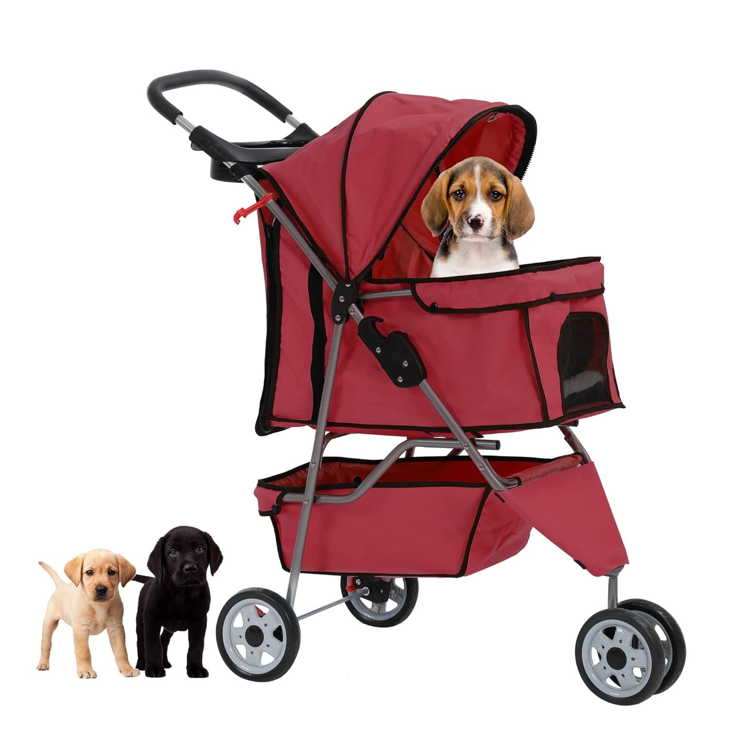 Pet Stroller Foldable Dog Stroller 3-Wheel Durable Cat Jogger Stroller For Small And Medium Dogs Cats With Washable Liner Storage Basket Cup Holder