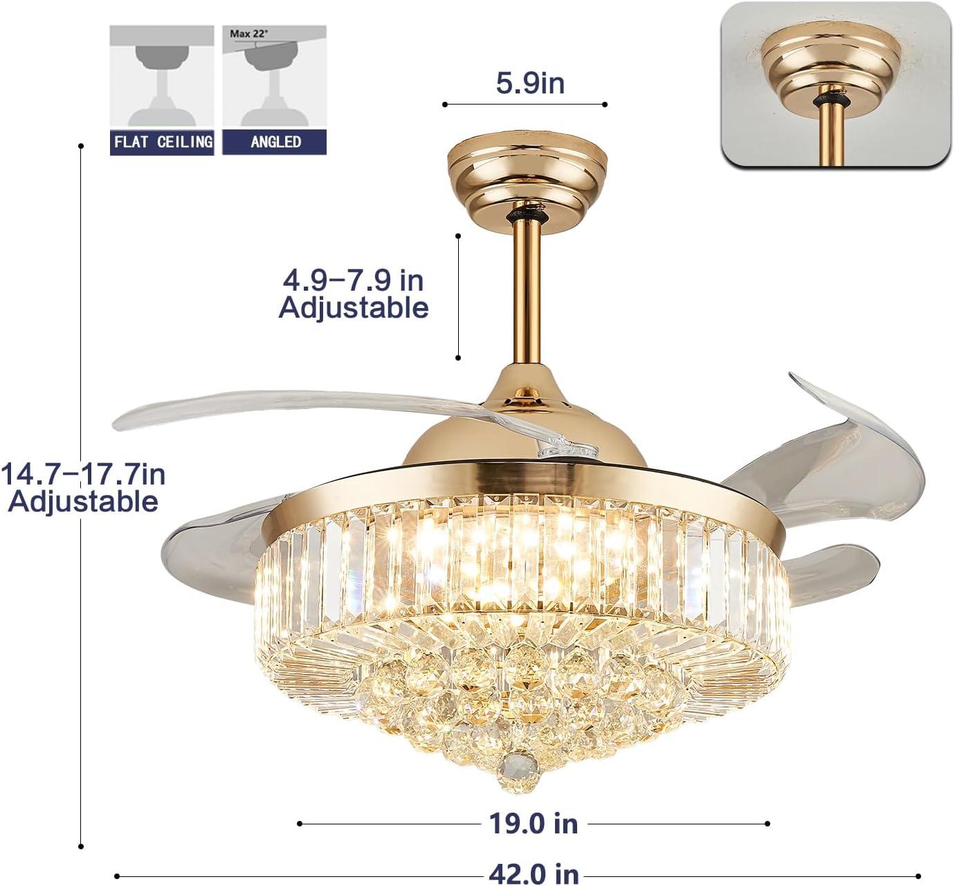 HOOMEDELIER 42" Chandelier Ceiling Fan with Remote, Crystal Beads Framed Fan with 4 Retractable Blades Smart Indoor Fandelier Fan