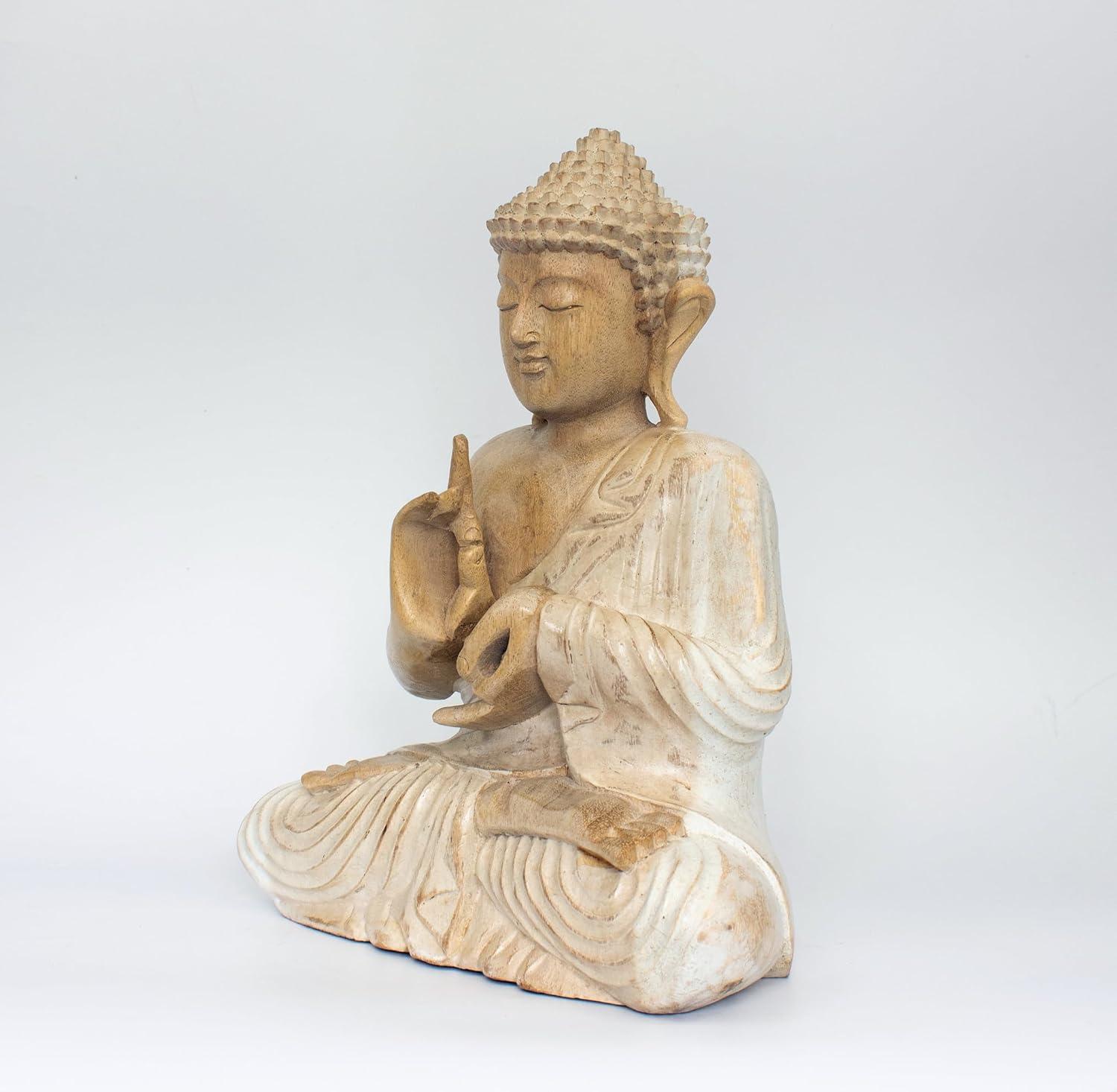 12" Whitewashed Wooden Meditating Buddha Statue in Suar Wood