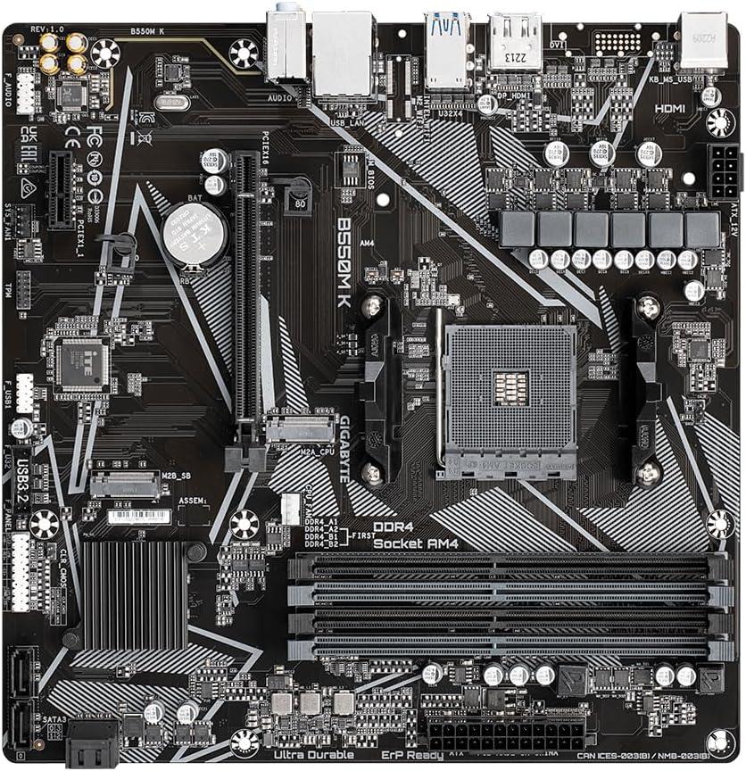 GIGABYTE B550M K AM4 AMD B550 Micro-ATX Motherboard with Dual M.2, SATA 6Gb/s, USB 3.2 Gen 1, Realtek GbE LAN, PCIe 4.0