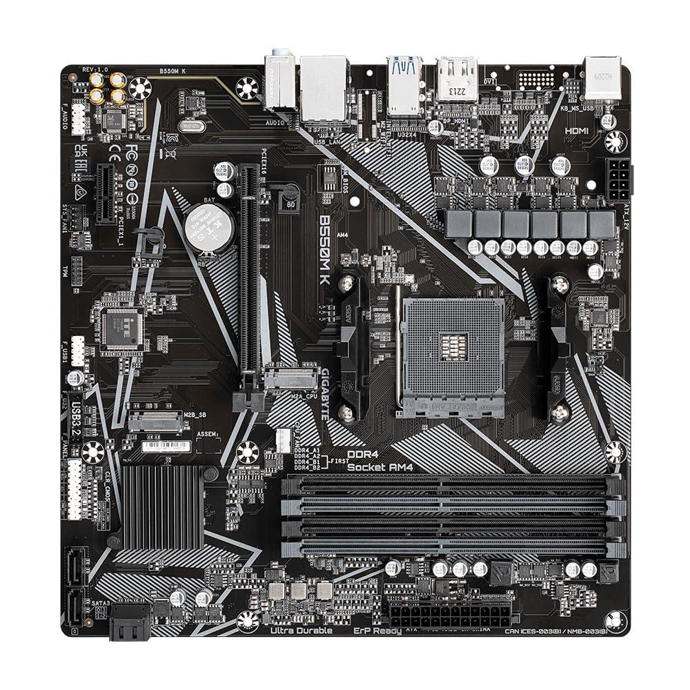 GIGABYTE B550M K AM4 AMD B550 Micro-ATX Motherboard with Dual M.2, SATA 6Gb/s, USB 3.2 Gen 1, Realtek GbE LAN, PCIe 4.0