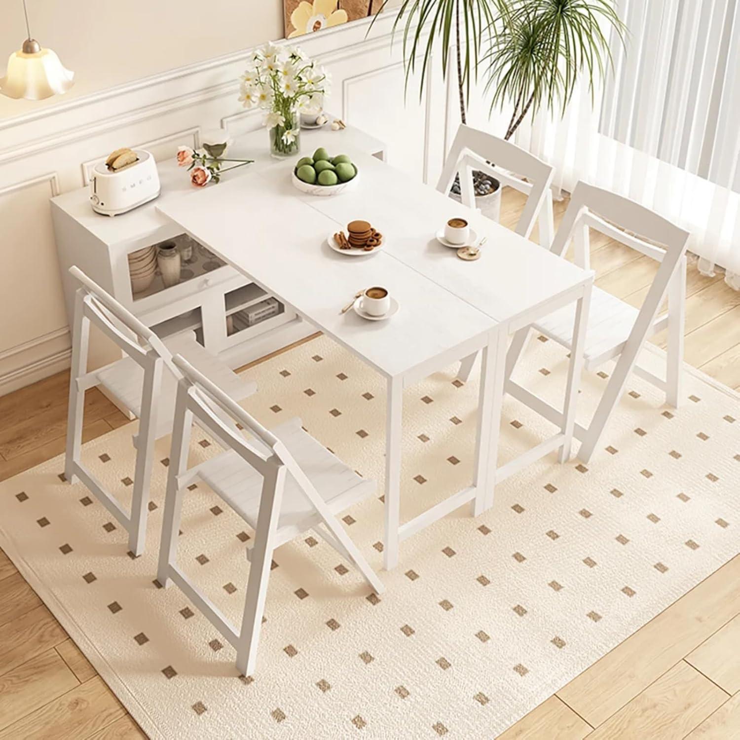 47" White Storage Sideboard Cabinet Extendable Wood Buffet Foldable Dining Table
