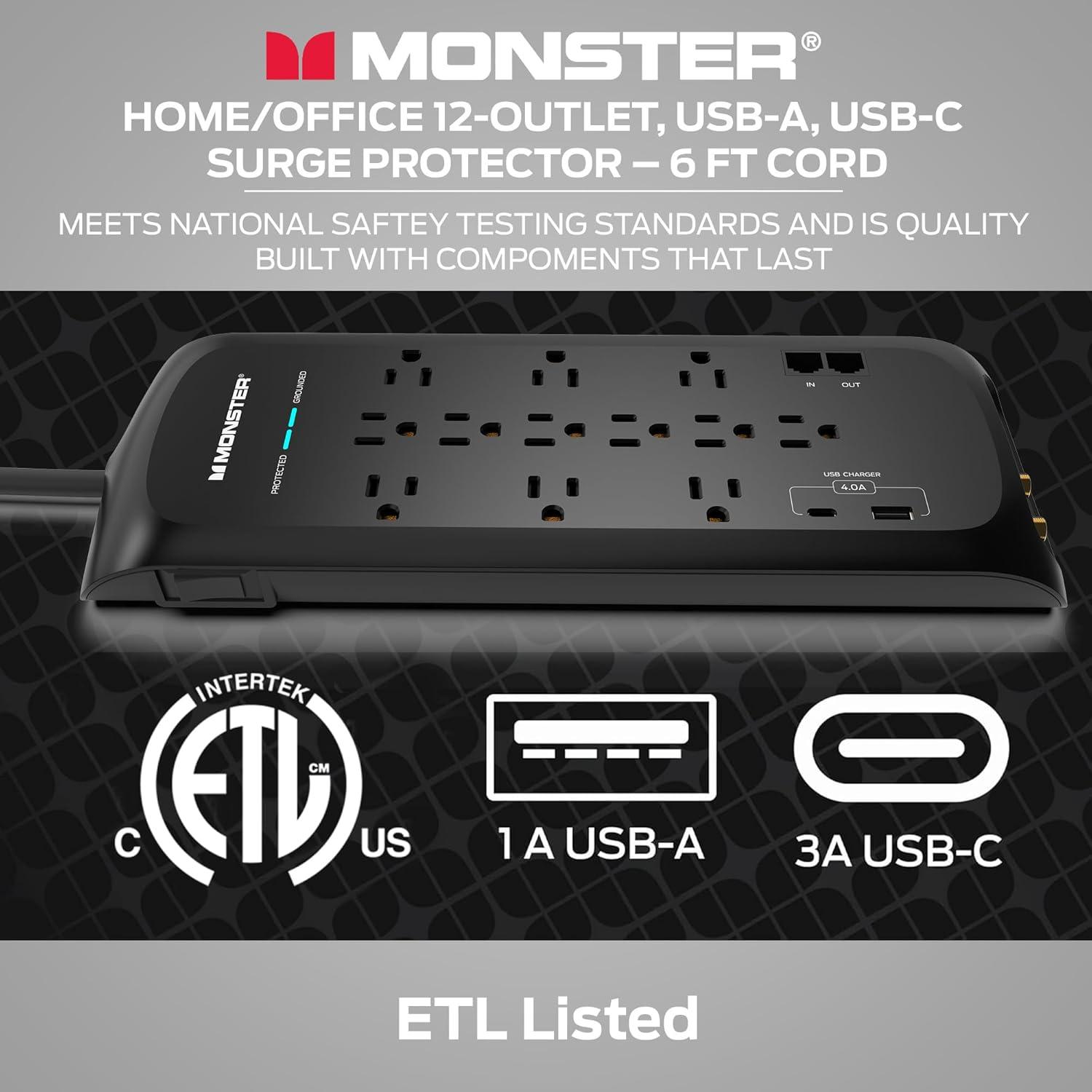 Monster 6ft Heavy Duty Power Strip and Tower Surge Protector - Ideal for Computers, Home Theatre, Home Appliances and Office Equipment