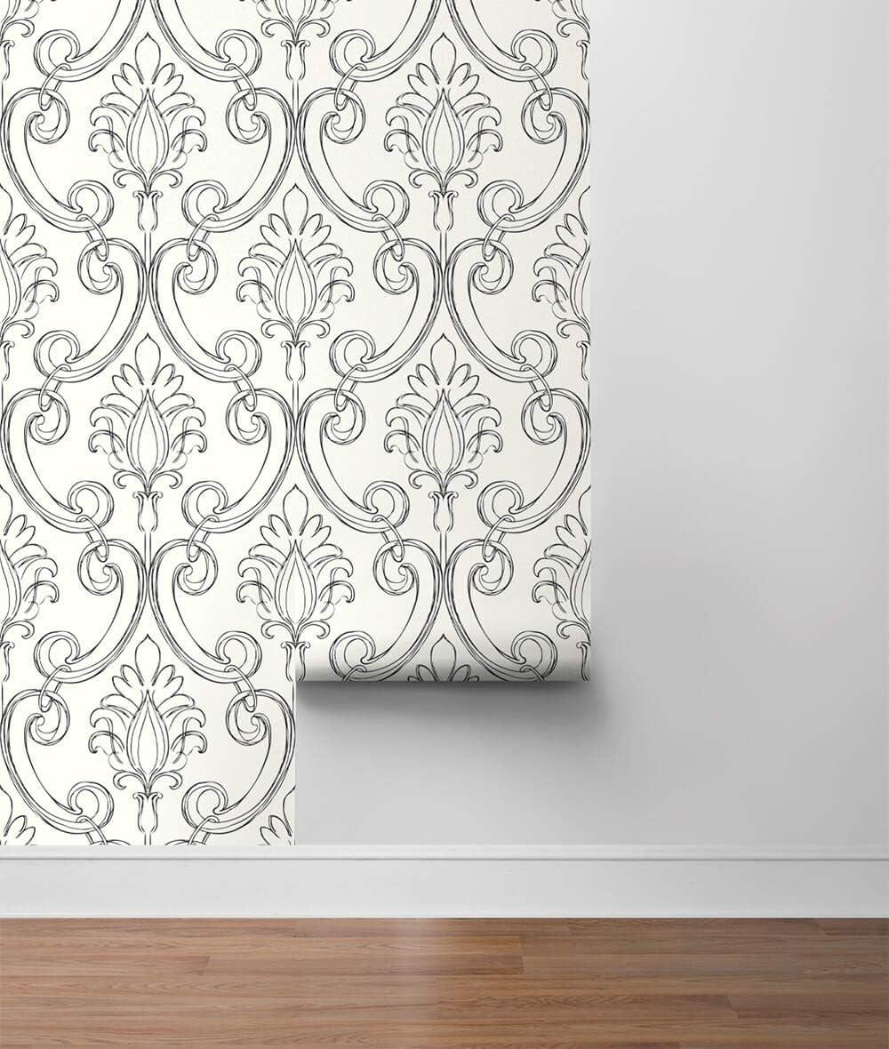 Ebony and White Damask Peel and Stick Wallpaper