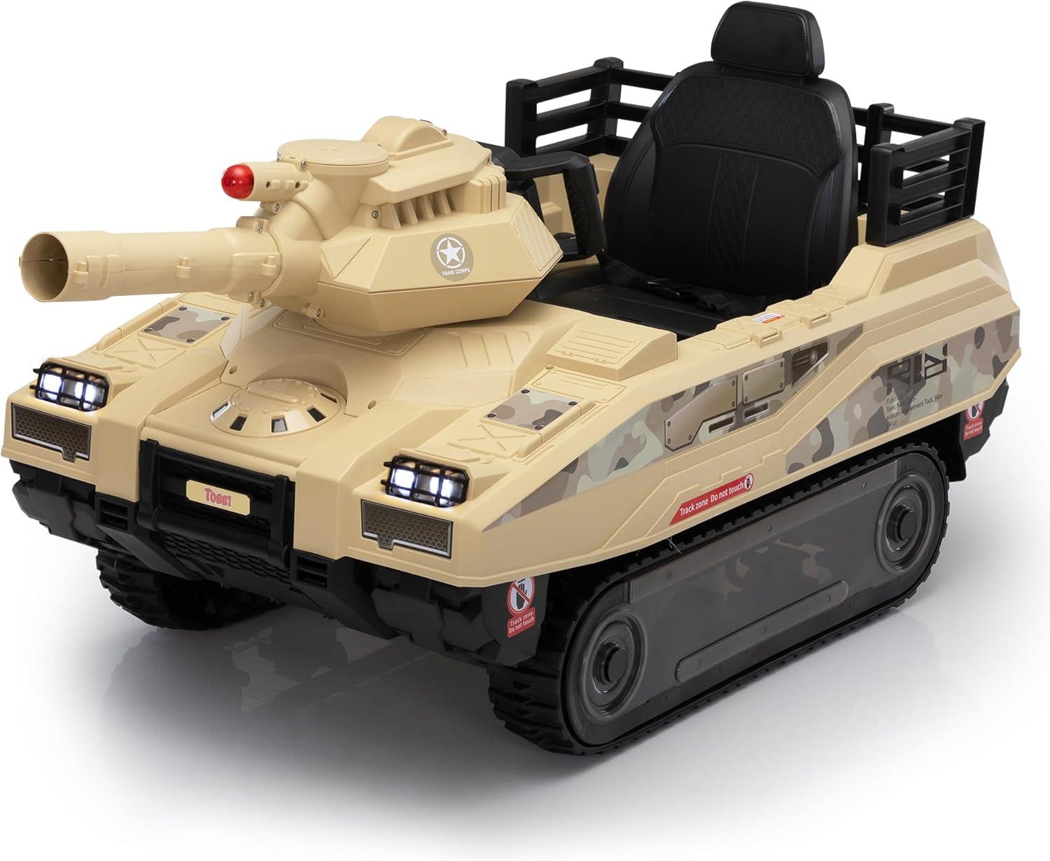 Jaxpety 24 V Kids Ride on Tank Car with Working Cannon and Rotating Turret for Boys and Girls Ages 3-8 Years, Yellow