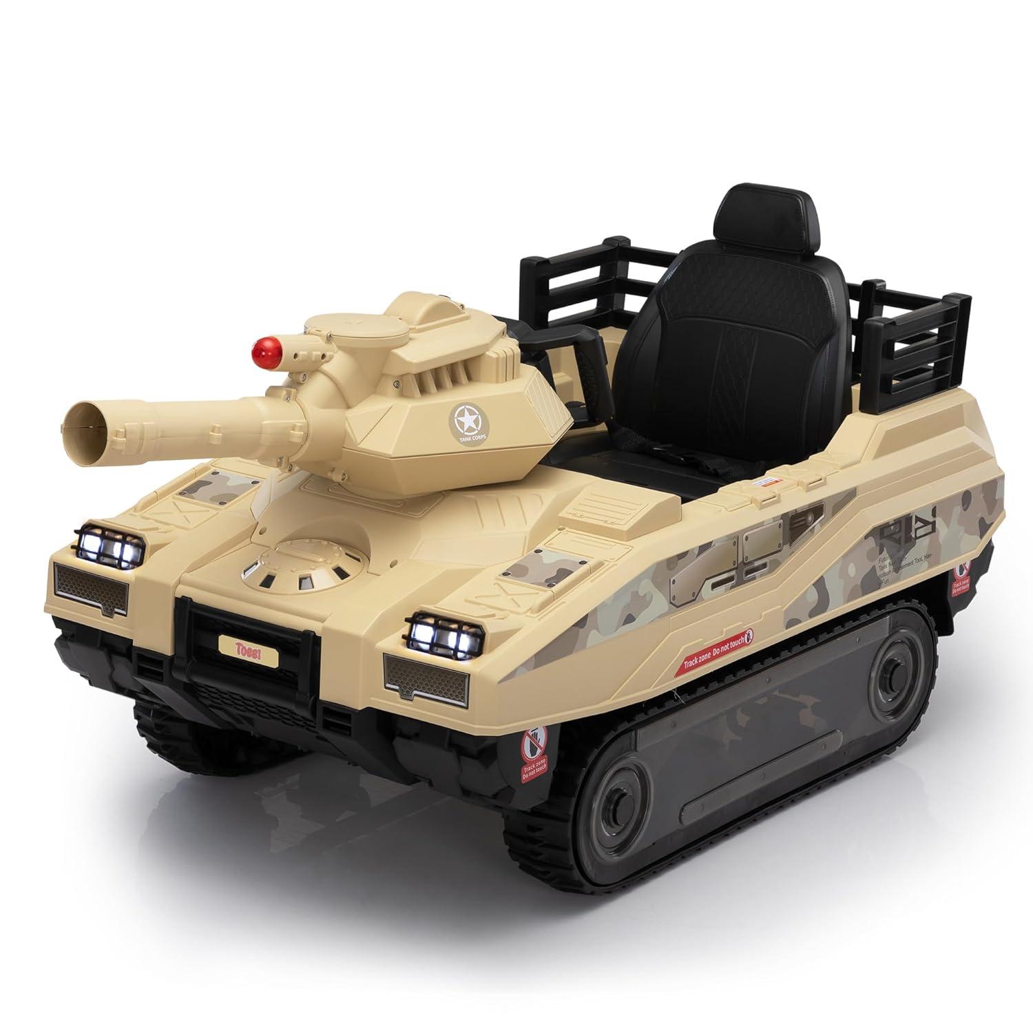 Jaxpety 24 V Kids Ride on Tank Car with Working Cannon and Rotating Turret for Boys and Girls Ages 3-8 Years, Yellow