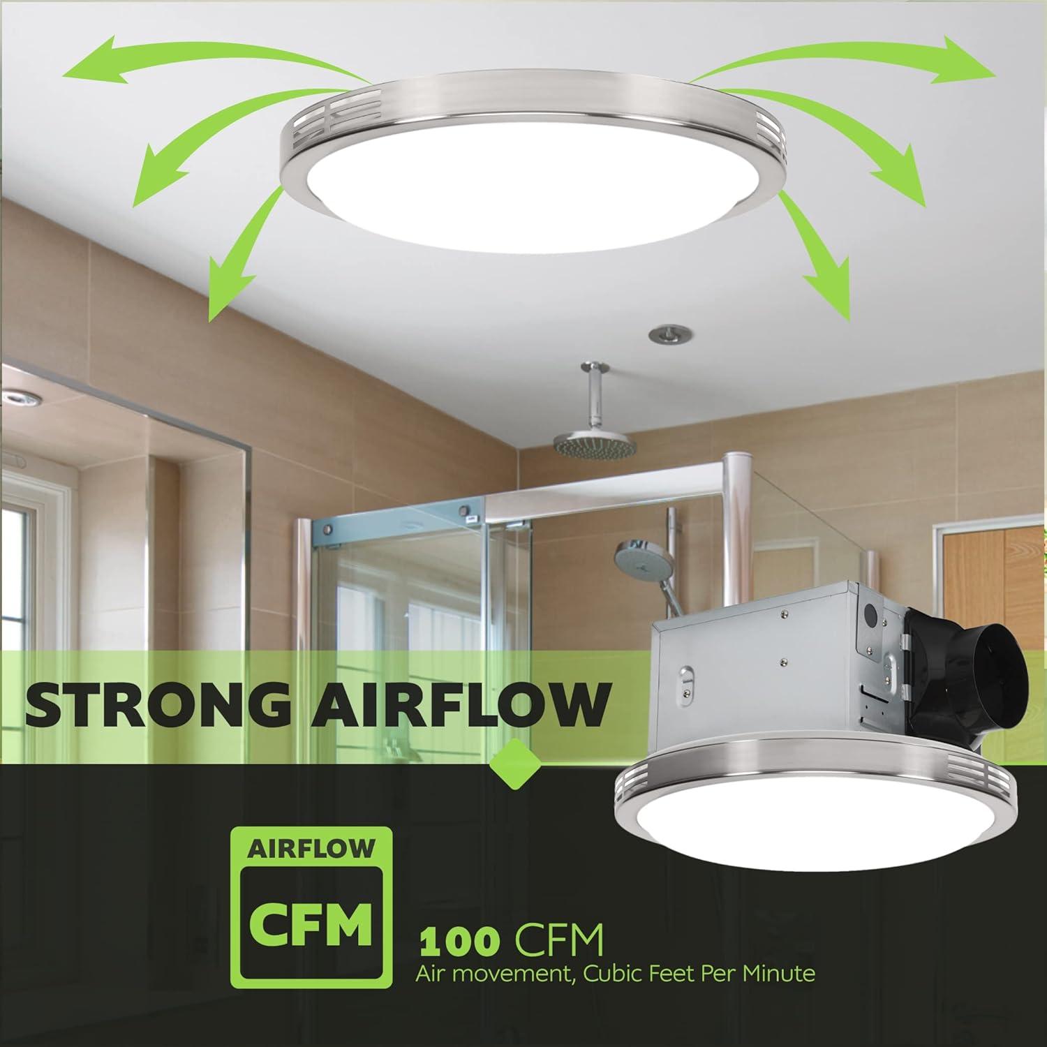 100 CFM Bathroom Ventilation Exhaust Fan with Decorative LED Light in Brushed Nickel Trim