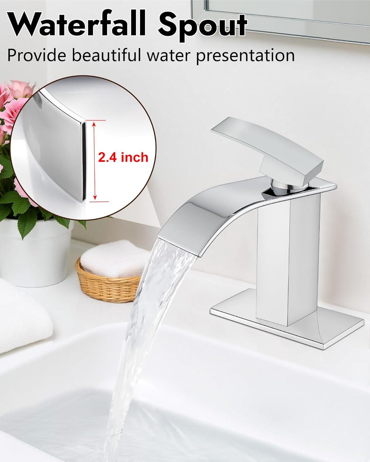 Midanya Waterfall Spout Bathroom Faucet Single Handle 1 Hole Bathroom Sink Faucet,Modern RV Lavatory Vanity Basin Tap with Water Hose,Short Body,Polish Chrome