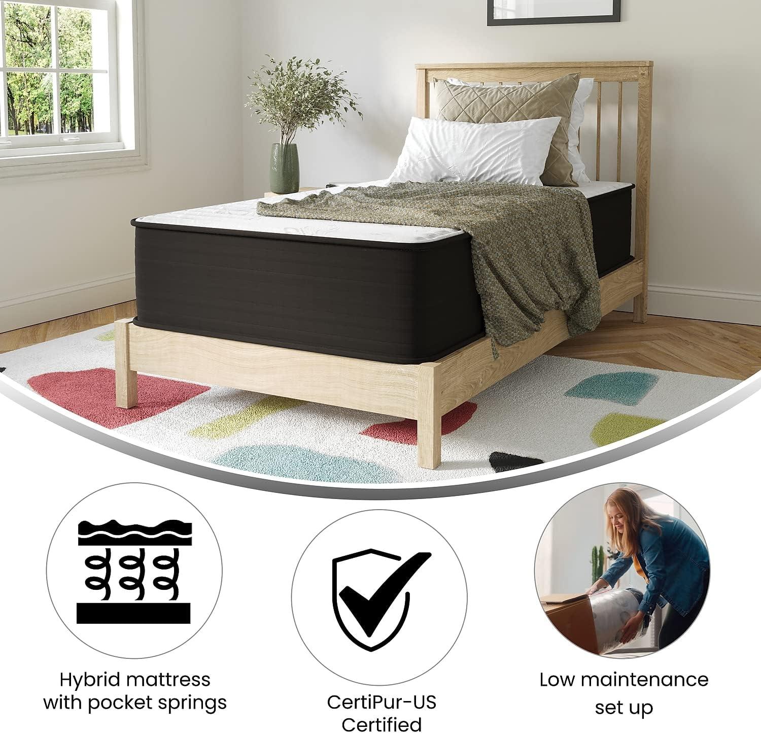 Flash Furniture Dream 12 Inch Hybrid Mattress, High Density Foam and Pocket Spring Mattress in a Box, CertiPur-US Certified Foam